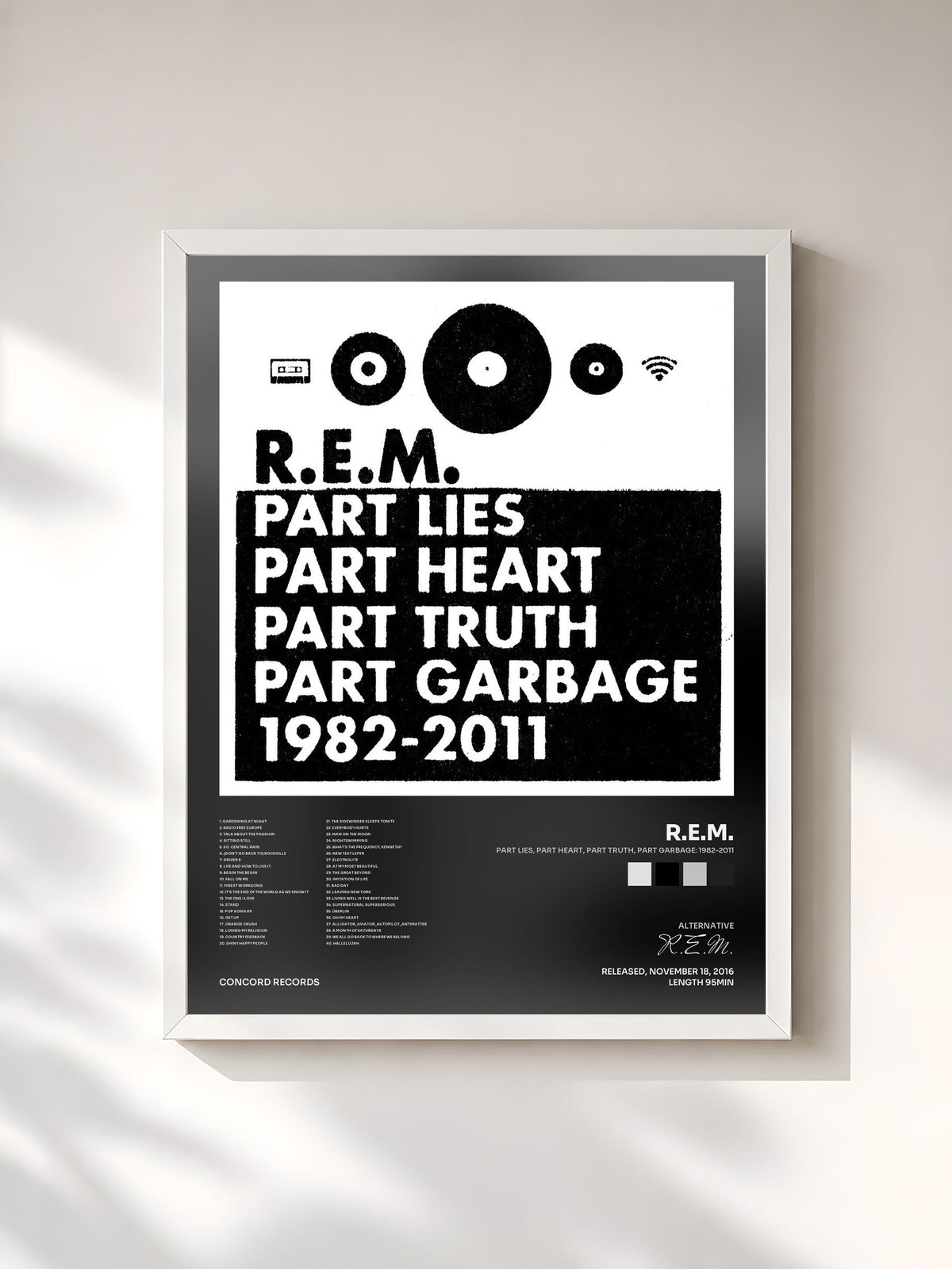#blanc Tableau de l'album Part Lies, Part Heart, Part Truth, Part Garbage: 1982-2011 de R.E.M., cadre blanc, imprimé et encadré en France
