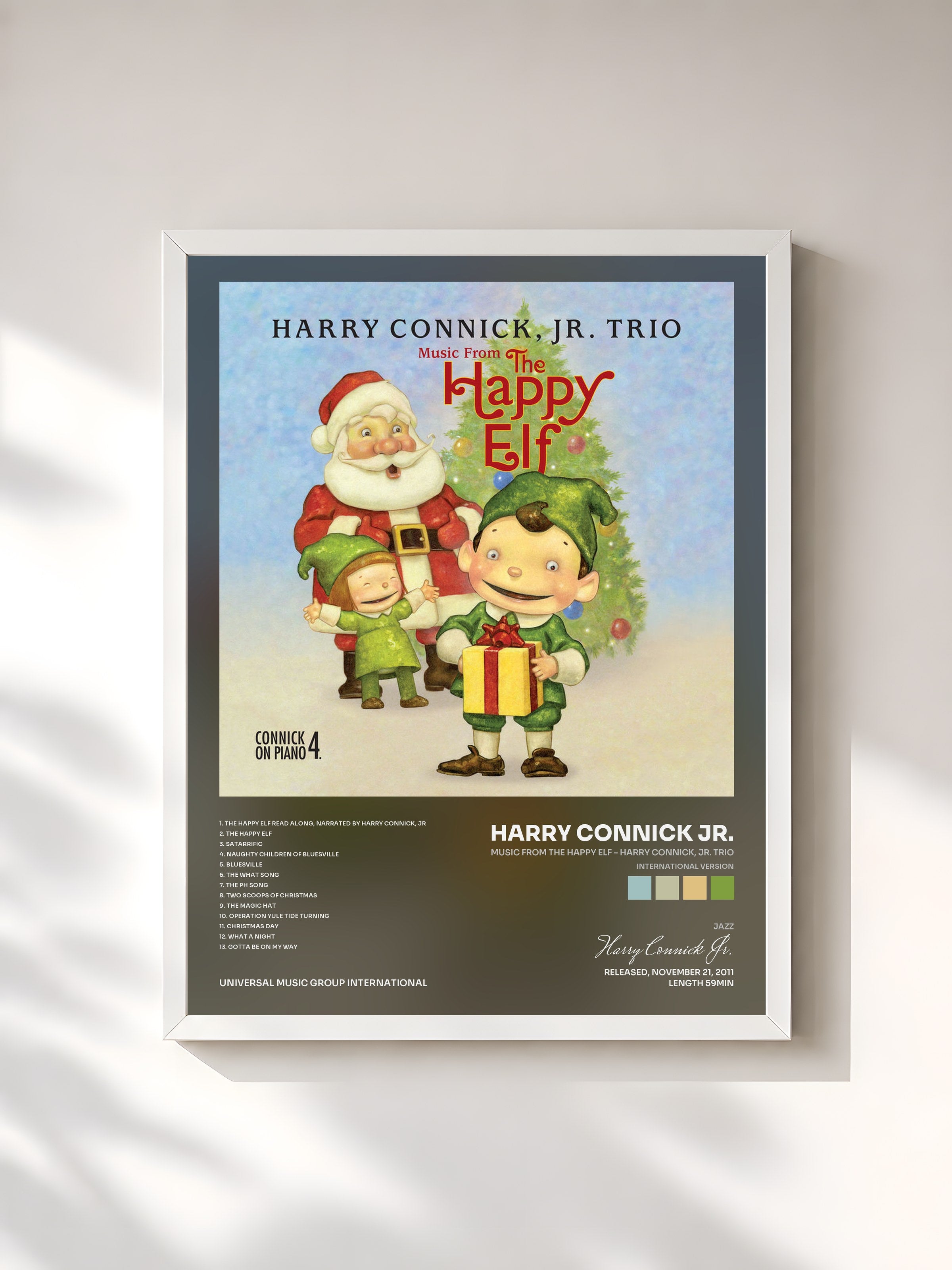 #blanc Tableau de l'album Music From The Happy Elf - Harry Connick, Jr. Trio (International Version) de Harry Connick Jr., cadre blanc, imprimé et encadré en France