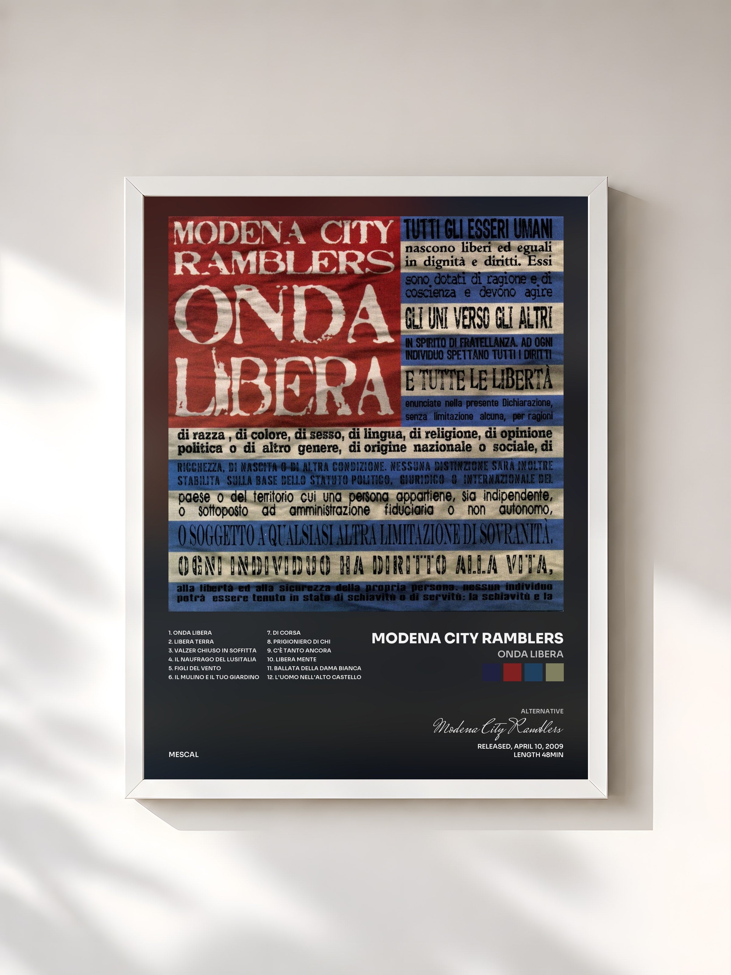#blanc Tableau de l'album Onda libera de Modena City Ramblers, cadre blanc, imprimé et encadré en France