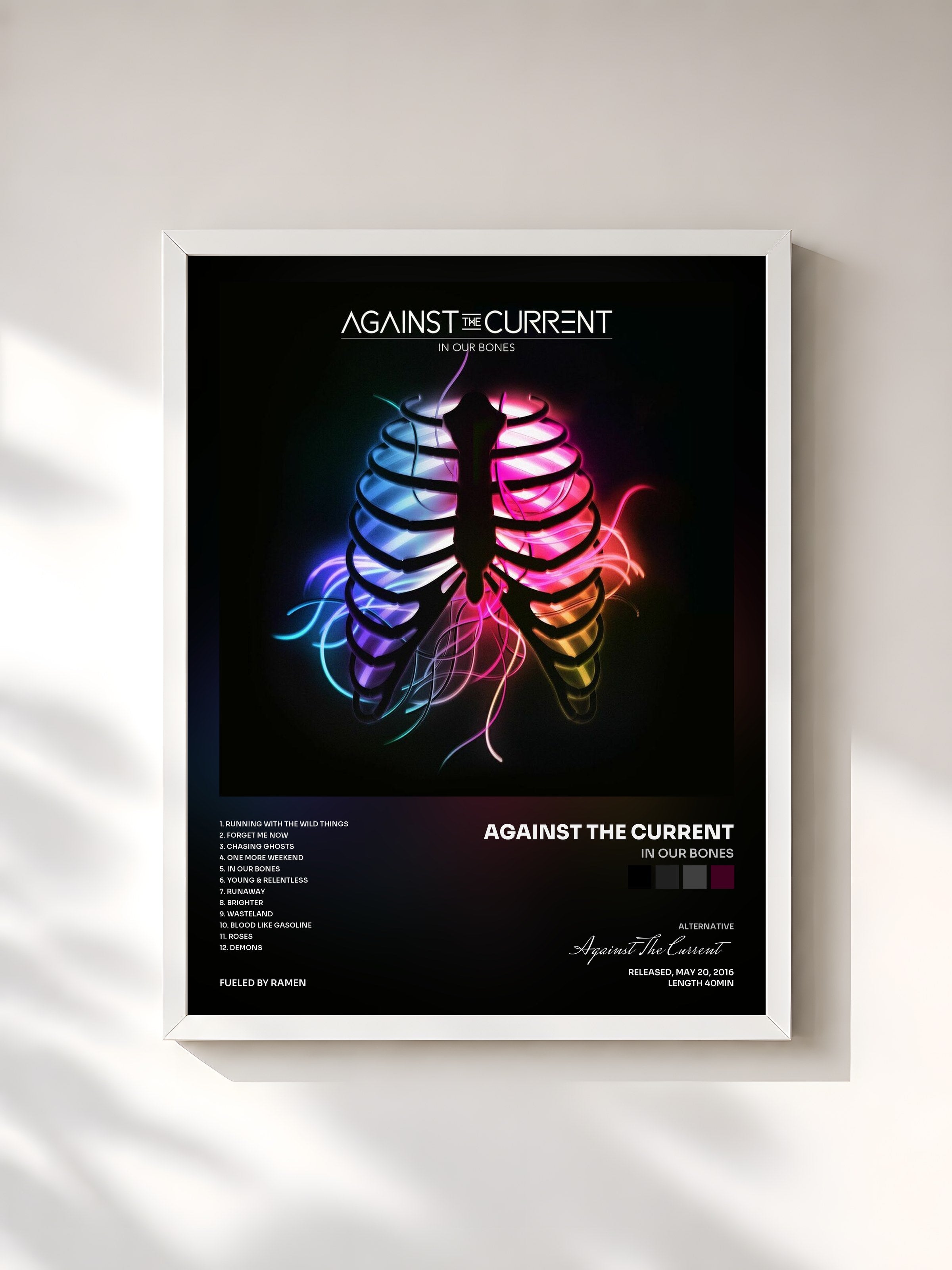 #blanc Tableau de l'album In Our Bones de Against The Current, cadre blanc, imprimé et encadré en France