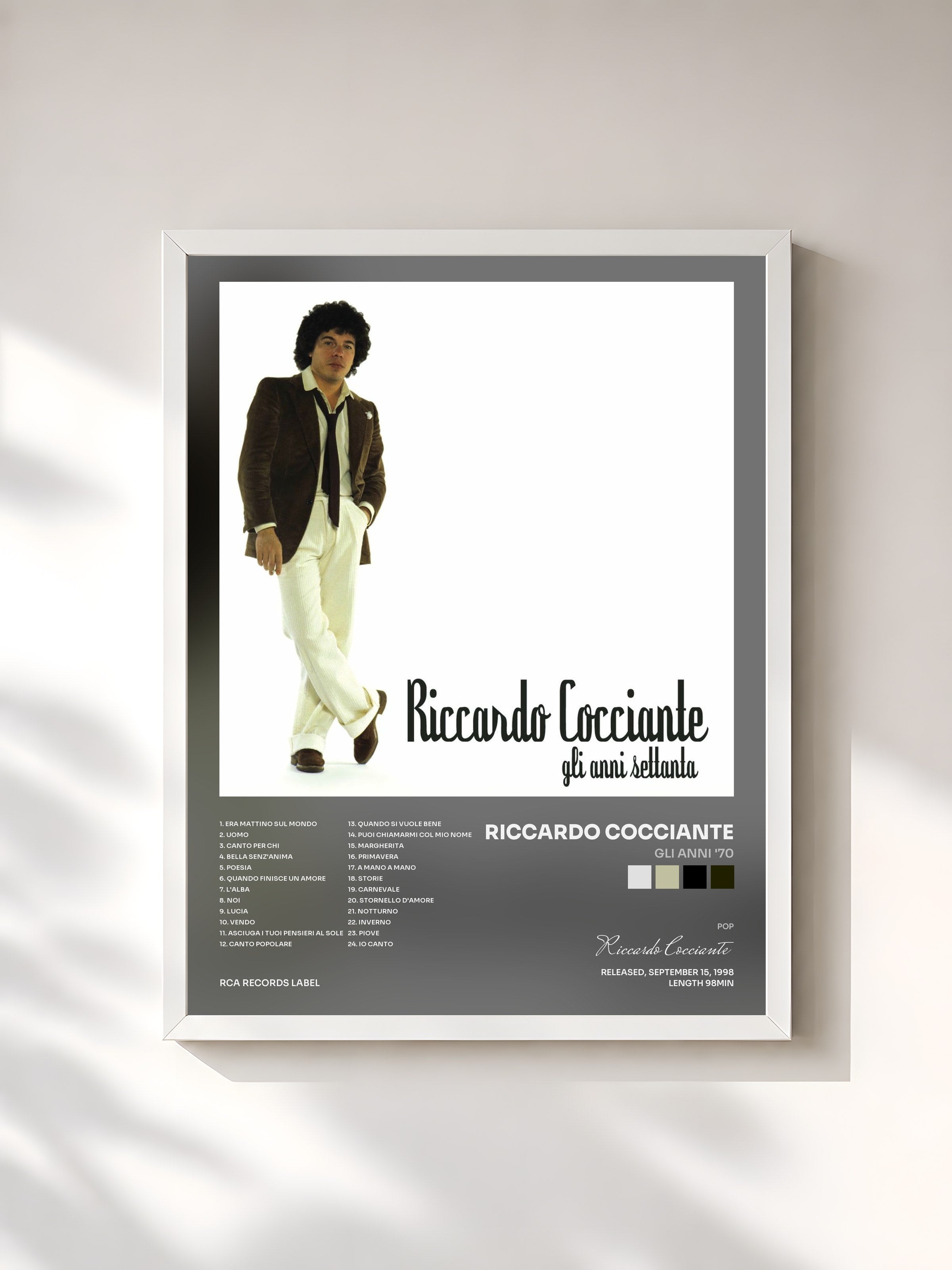 #blanc Tableau de l'album Gli Anni '70 de Riccardo Cocciante, cadre blanc, imprimé et encadré en France