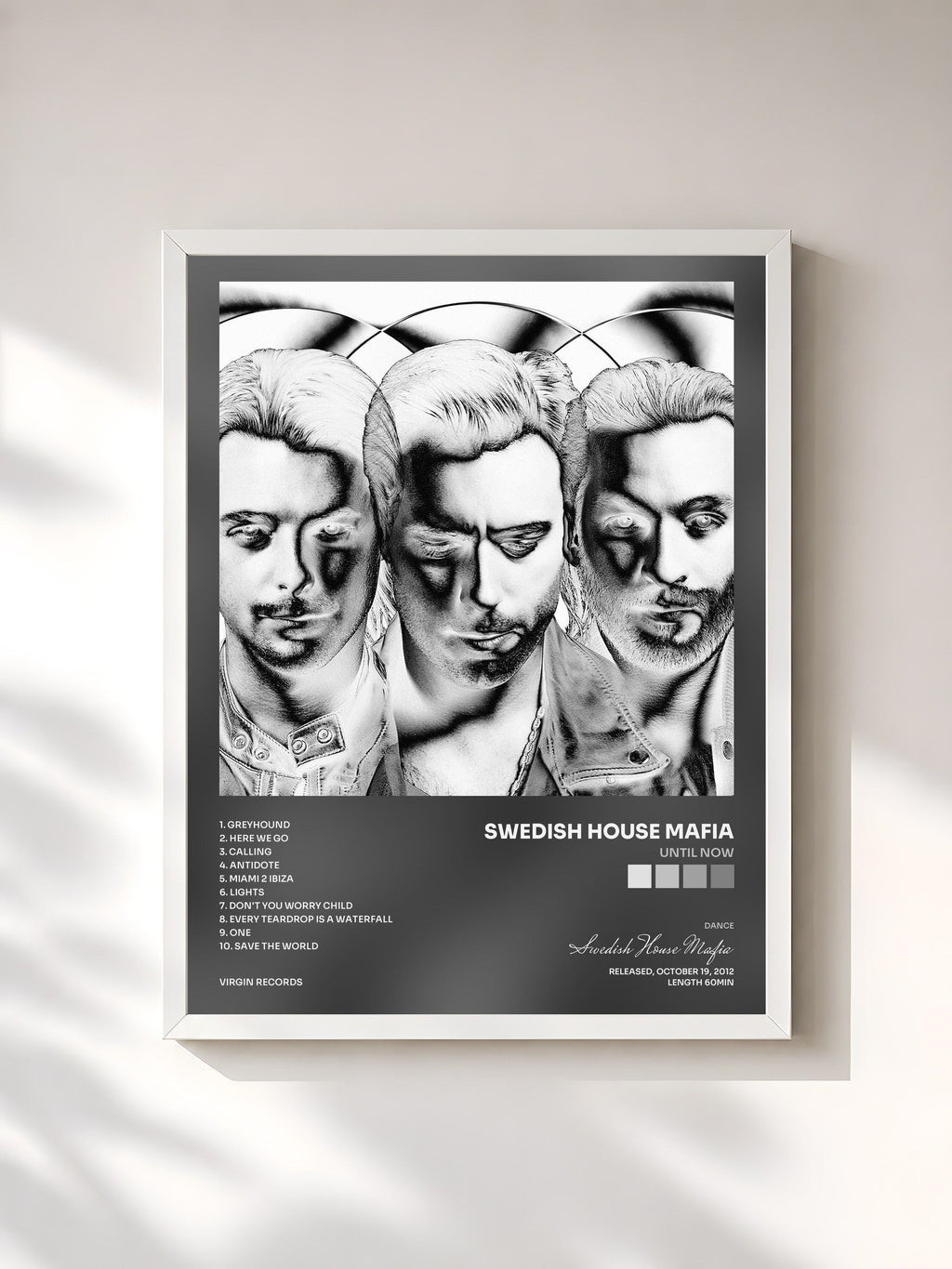#blanc Tableau de l'album Until Now de Swedish House Mafia, cadre blanc, imprimé et encadré en France