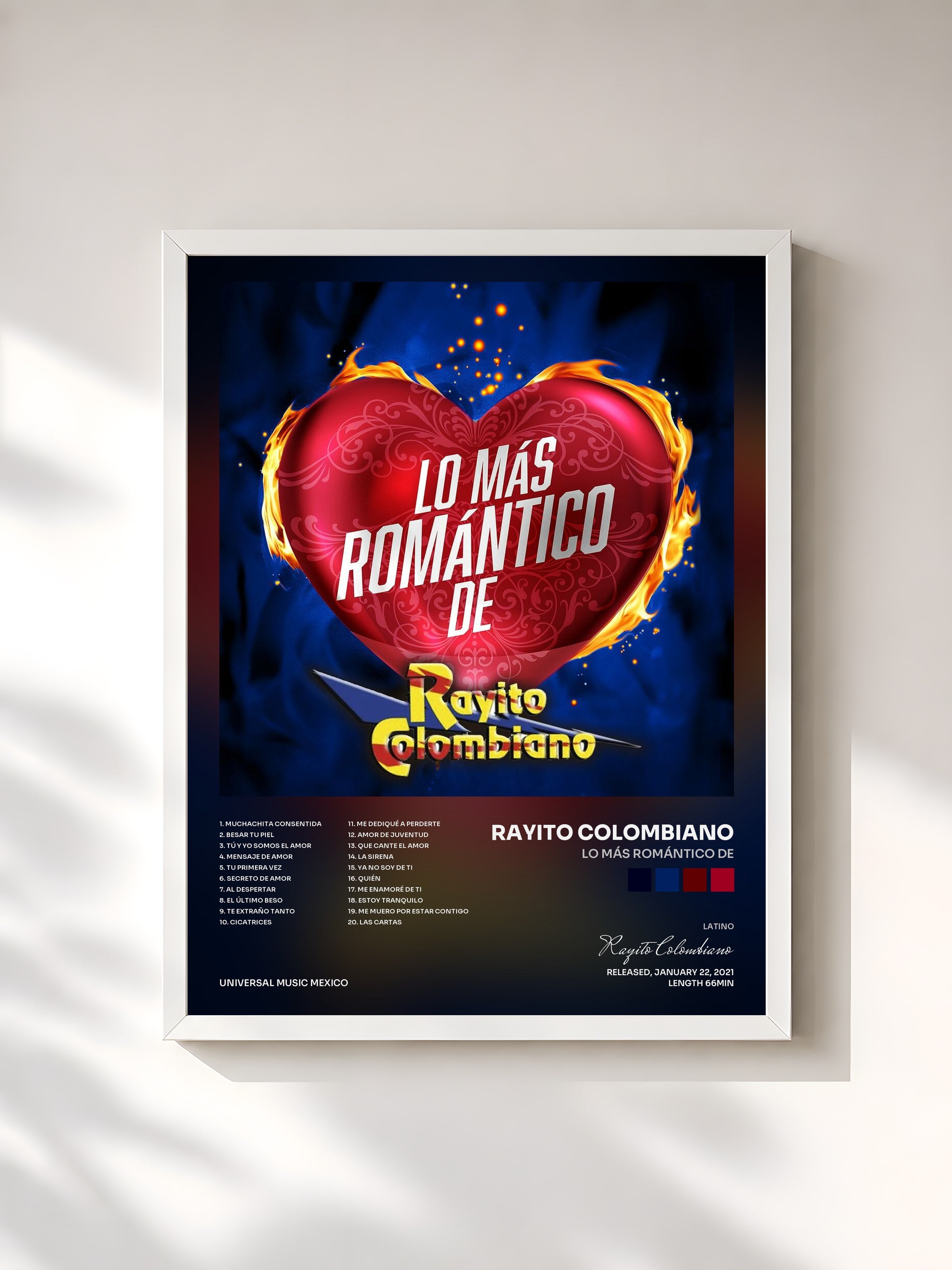 #blanc Tableau de l'album Lo Más Romántico De de Rayito Colombiano, cadre blanc, imprimé et encadré en France