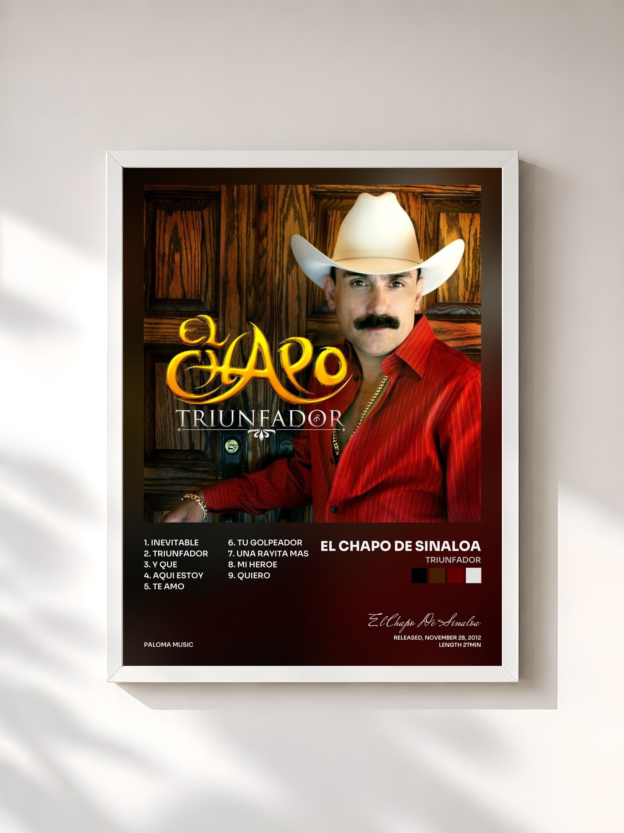 #blanc Tableau de l'album Triunfador de El Chapo De Sinaloa, cadre blanc, imprimé et encadré en France