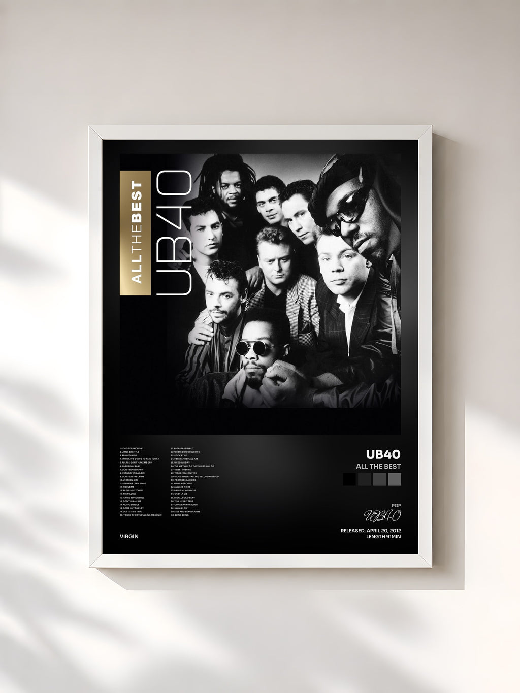 #blanc Tableau de l'album All The Best de UB40, cadre blanc, imprimé et encadré en France