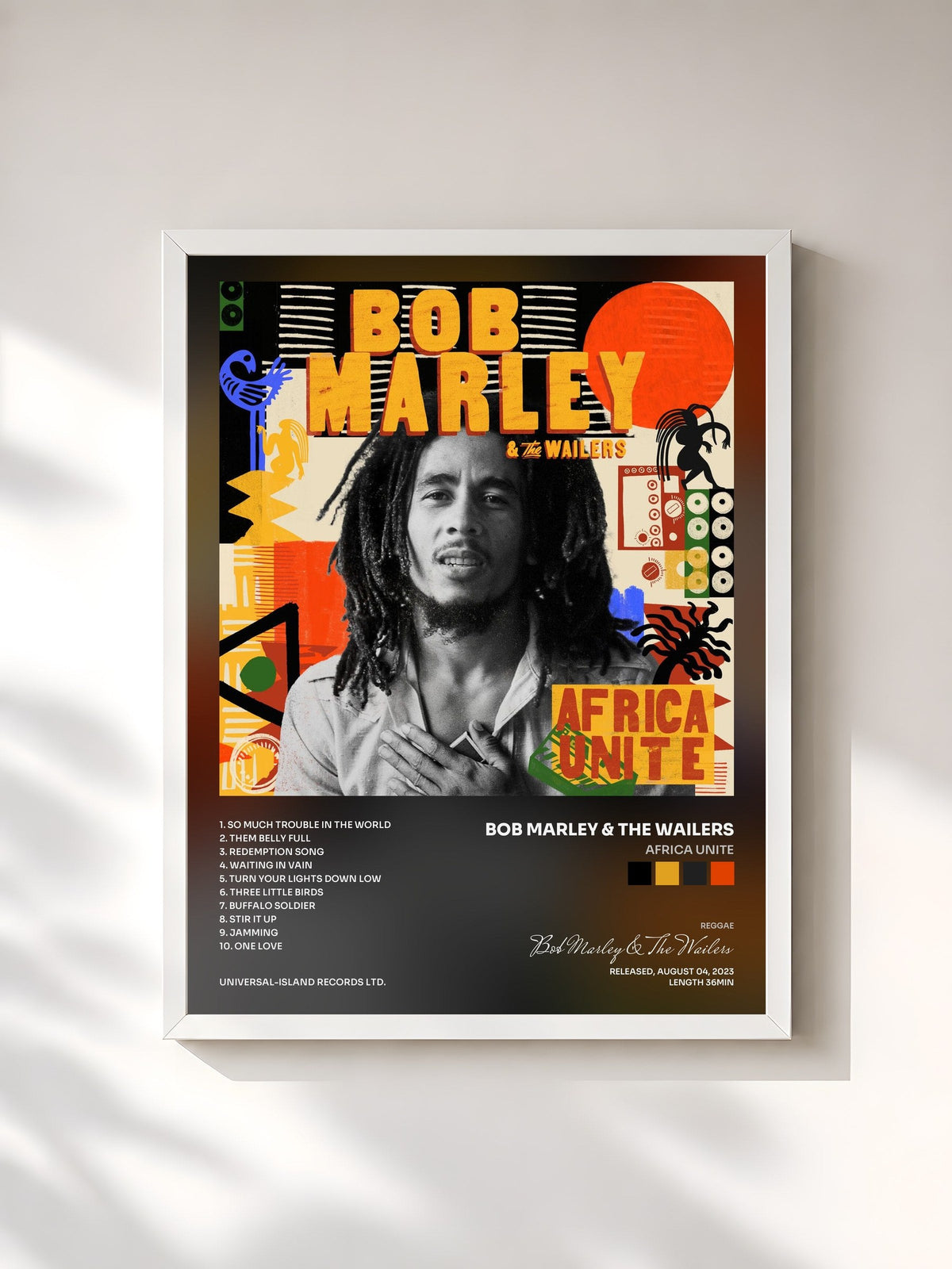 #blanc Tableau de l'album Africa Unite de Bob Marley & The Wailers, cadre blanc, imprimé et encadré en France
