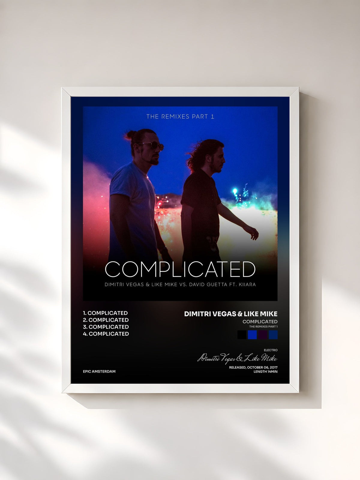 #blanc Tableau de l'album Complicated (The Remixes Part 1) de Dimitri Vegas & Like Mike, cadre blanc, imprimé et encadré en France