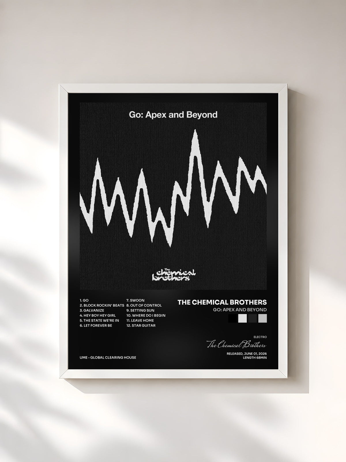 #blanc Tableau de l'album Go: Apex And Beyond de The Chemical Brothers, cadre blanc, imprimé et encadré en France