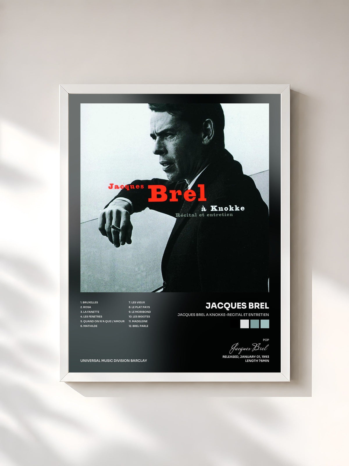 #blanc Tableau de l'album Jacques Brel A Knokke-Recital Et Entretien de Jacques Brel, cadre blanc, imprimé et encadré en France