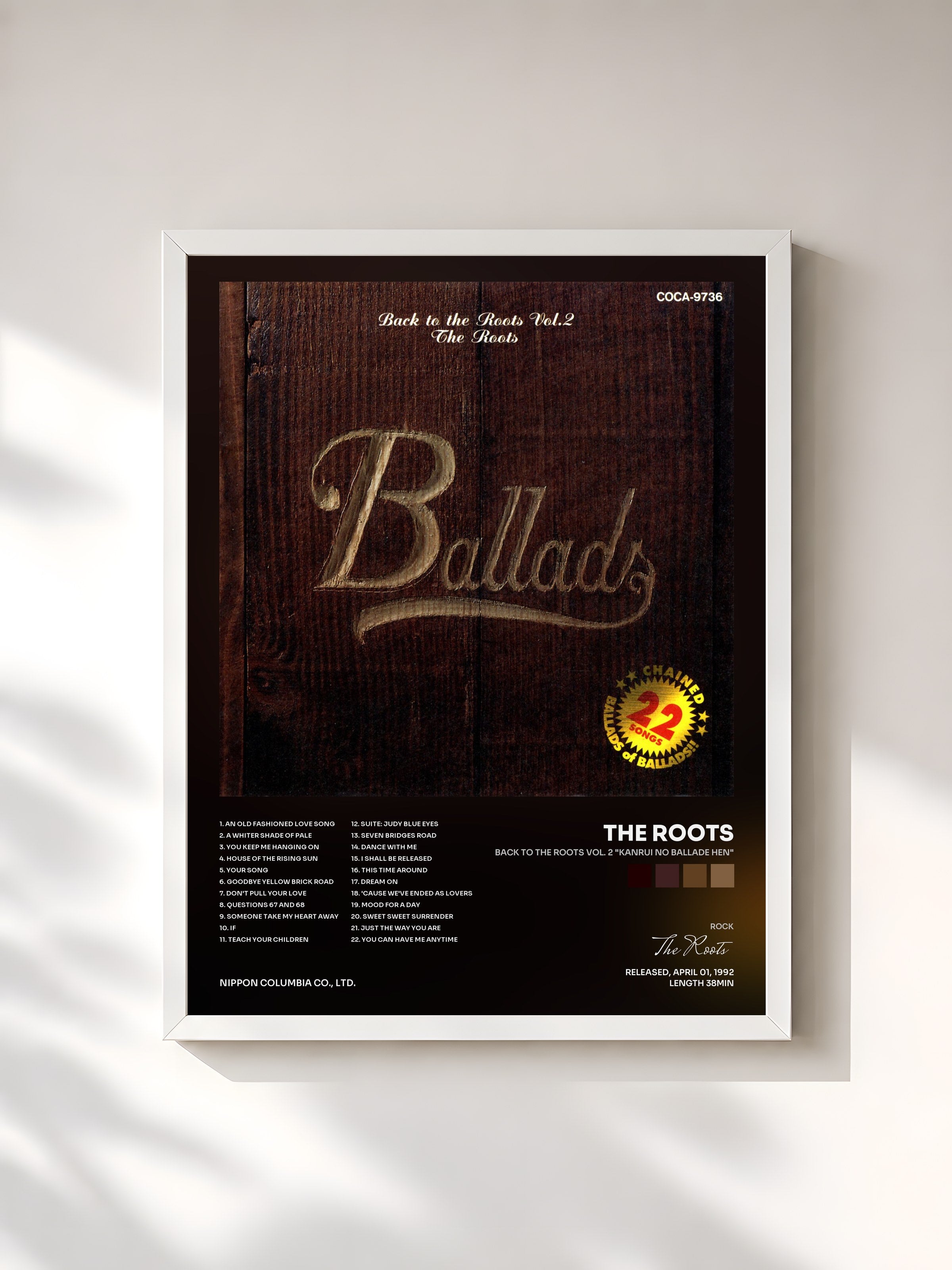#blanc Tableau de l'album Back to the Roots Vol. 2 "Kanrui No Ballade Hen" de The Roots, cadre blanc, imprimé et encadré en France
