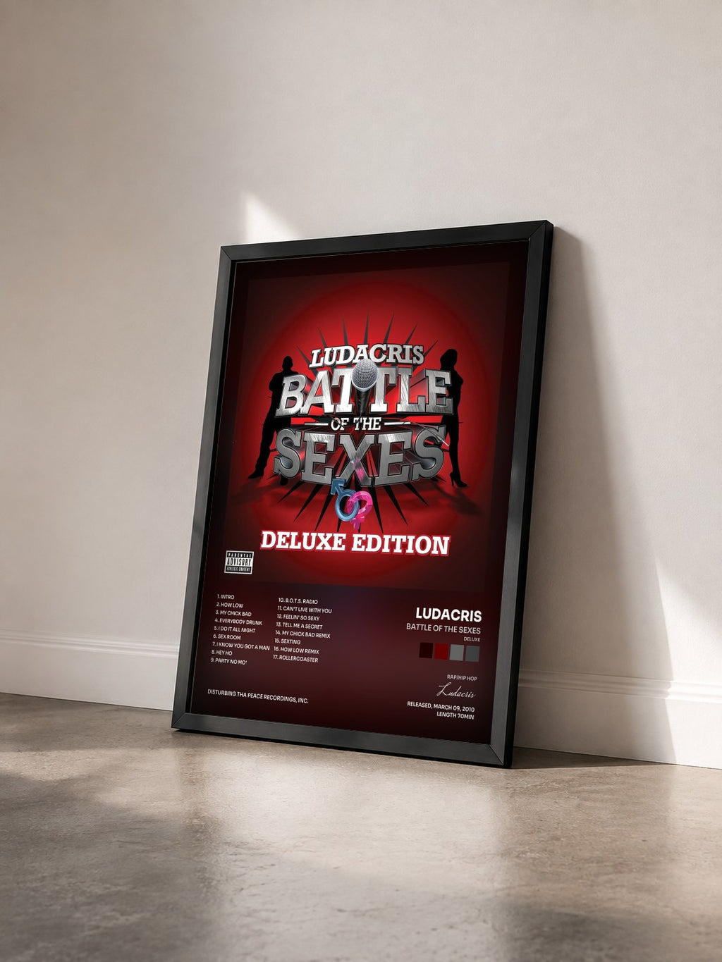 #noir Battle Of The Sexes (Deluxe) by Ludacris as a framed art print seen at an angle, black frame