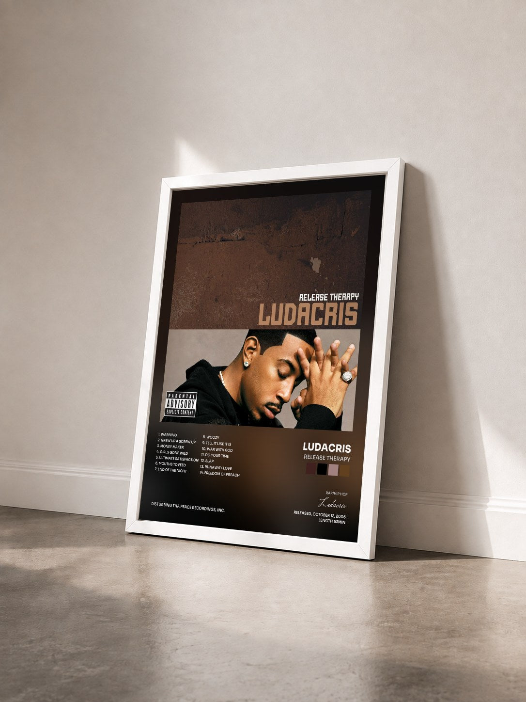 #blanc Tableau de l'album Release Therapy de Ludacris vu de trois quarts, cadre blanc