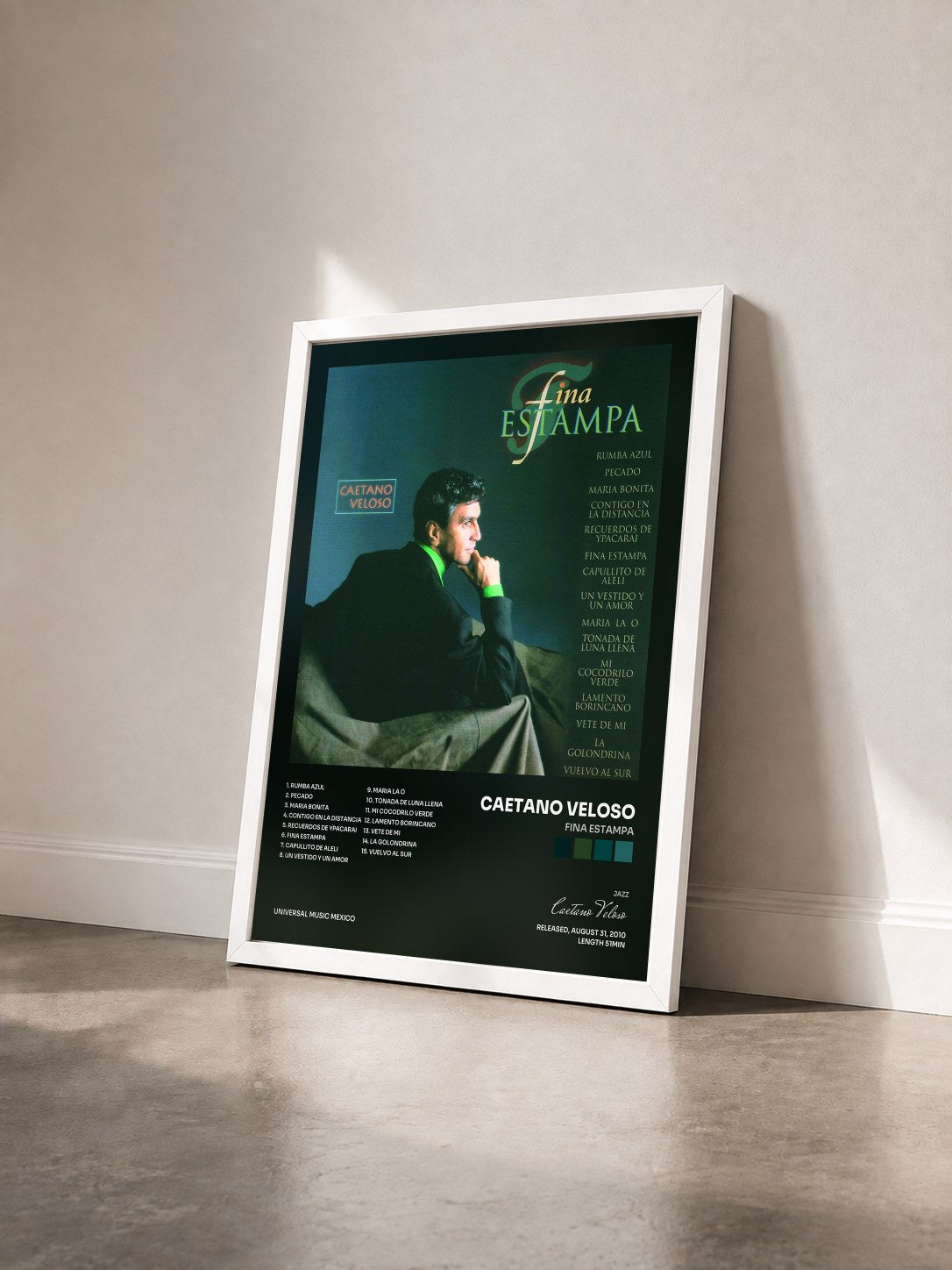 #blanc Tableau de l'album Fina Estampa de Caetano Veloso vu de trois quarts, cadre blanc