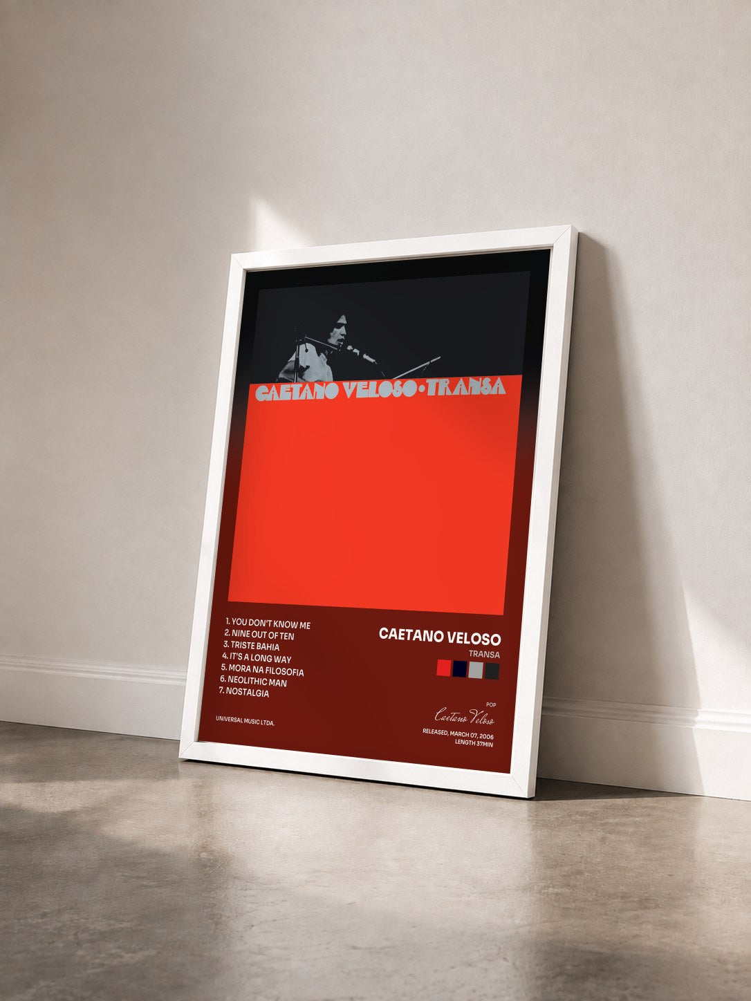 #blanc Tableau de l'album Transa de Caetano Veloso vu de trois quarts, cadre blanc