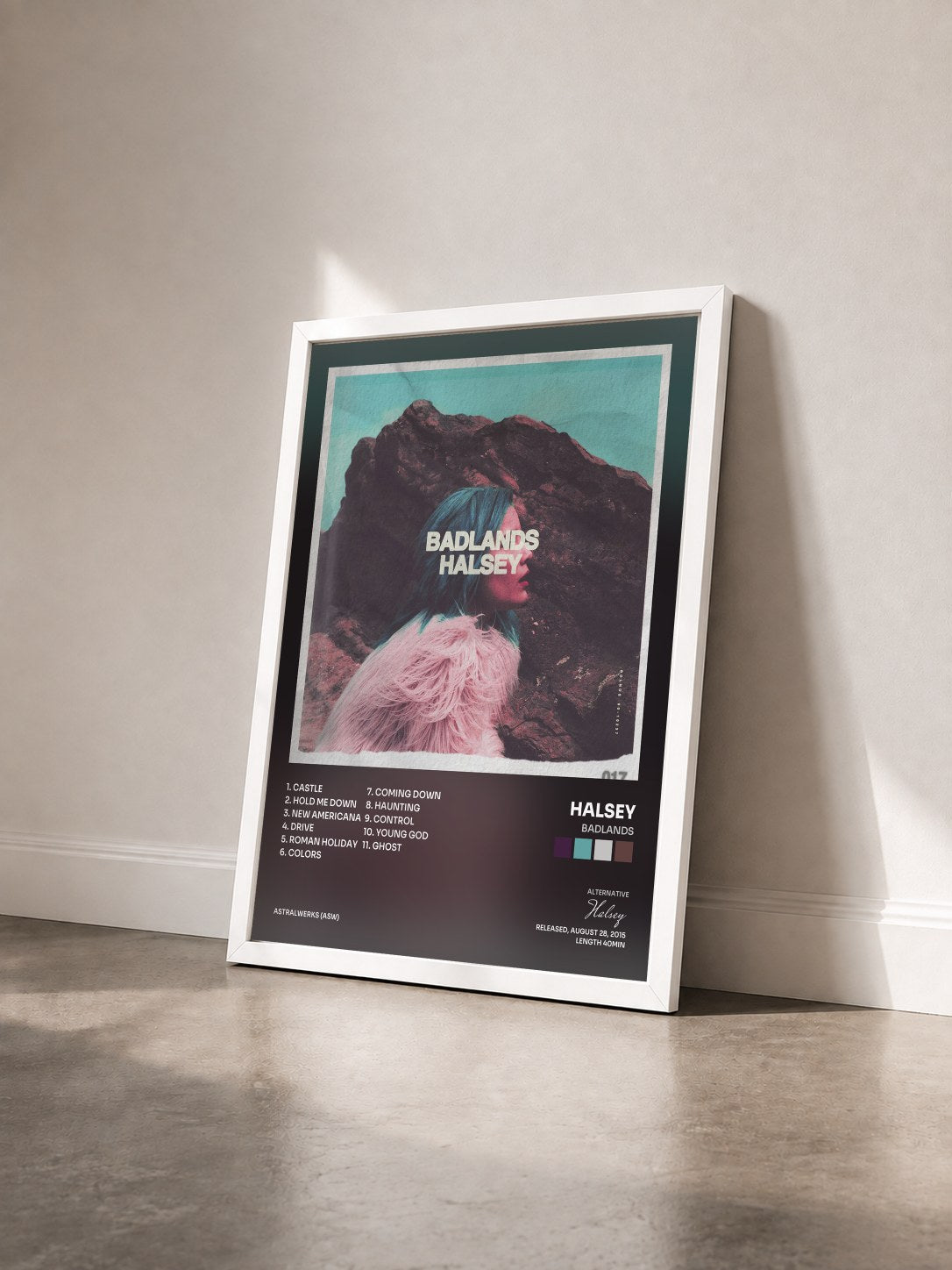 #blanc Tableau de l'album BADLANDS de Halsey vu de trois quarts, cadre blanc