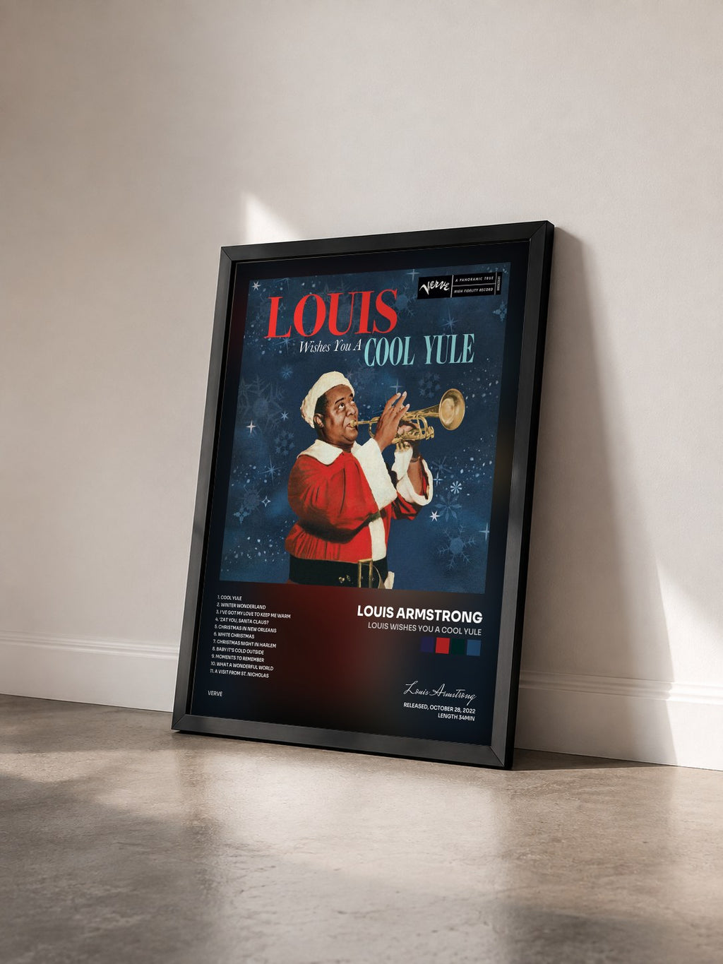 #noir Tableau de l'album Louis Wishes You a Cool Yule de Louis Armstrong vu de trois quarts, cadre noir