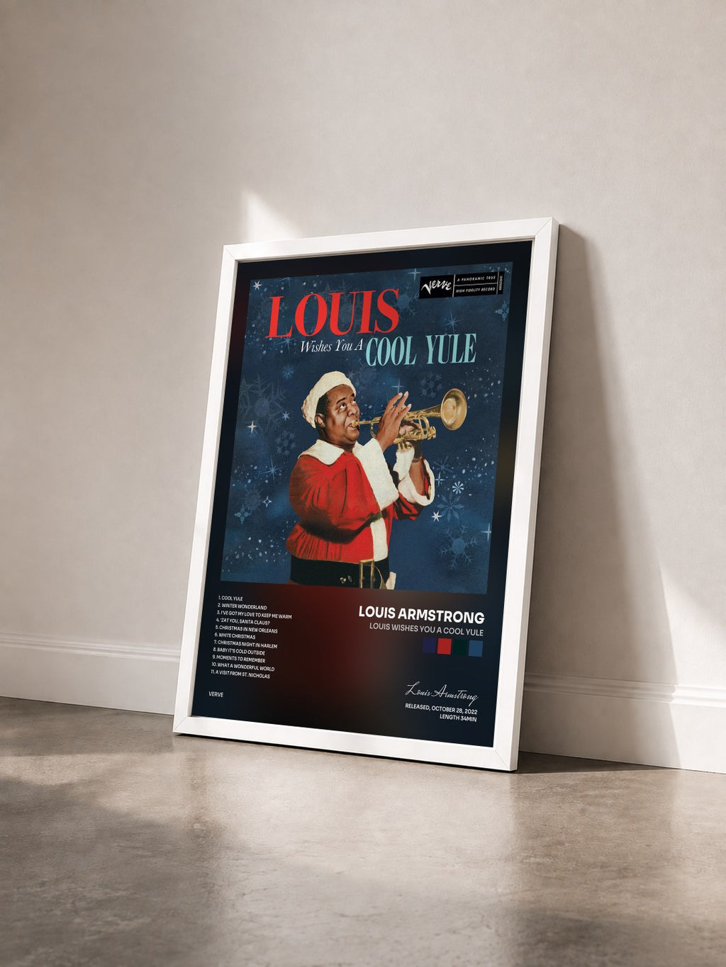 #blanc Tableau de l'album Louis Wishes You a Cool Yule de Louis Armstrong vu de trois quarts, cadre blanc
