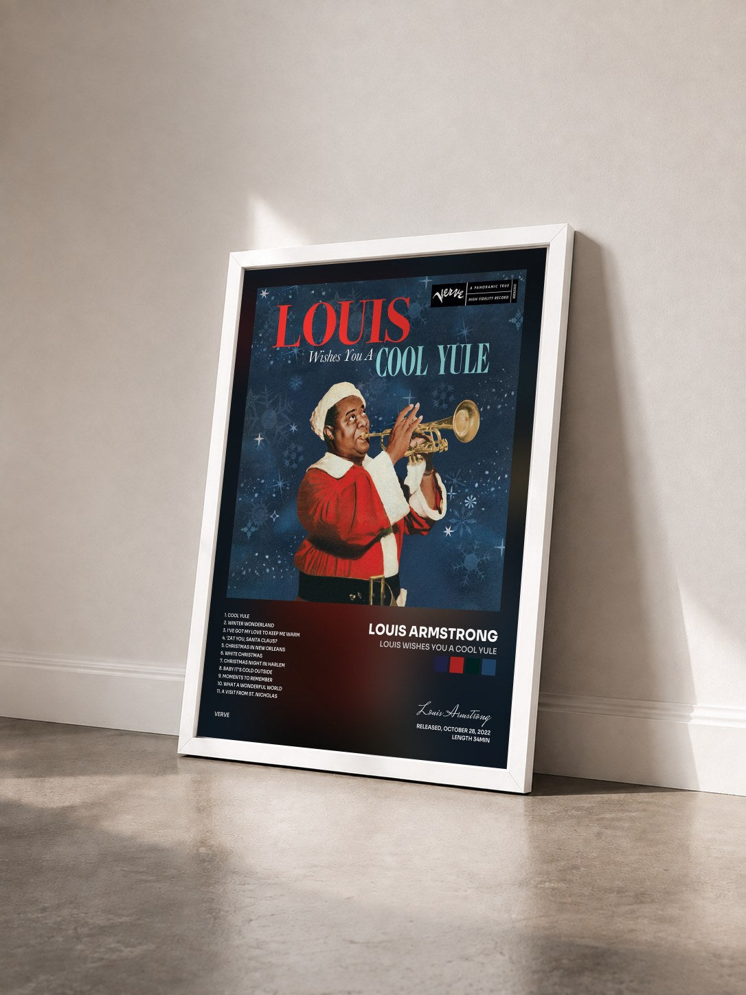 #blanc Tableau de l'album Louis Wishes You a Cool Yule de Louis Armstrong vu de trois quarts, cadre blanc