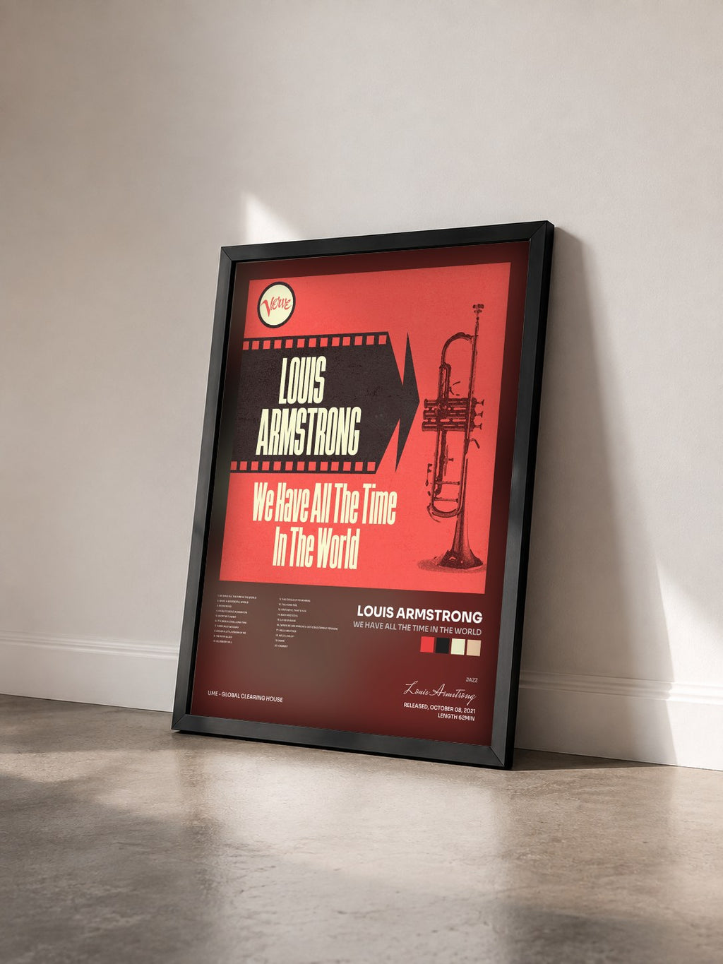 #noir Tableau de l'album We Have All the Time in the World de Louis Armstrong vu de trois quarts, cadre noir