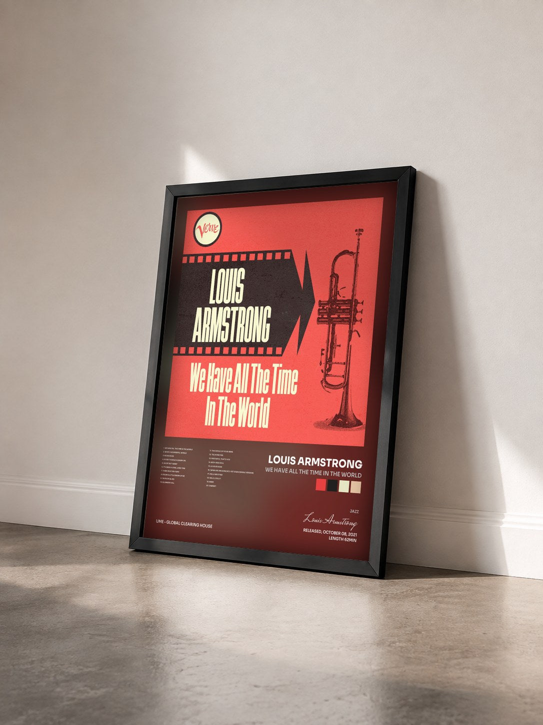 #noir Tableau de l'album We Have All the Time in the World de Louis Armstrong vu de trois quarts, cadre noir
