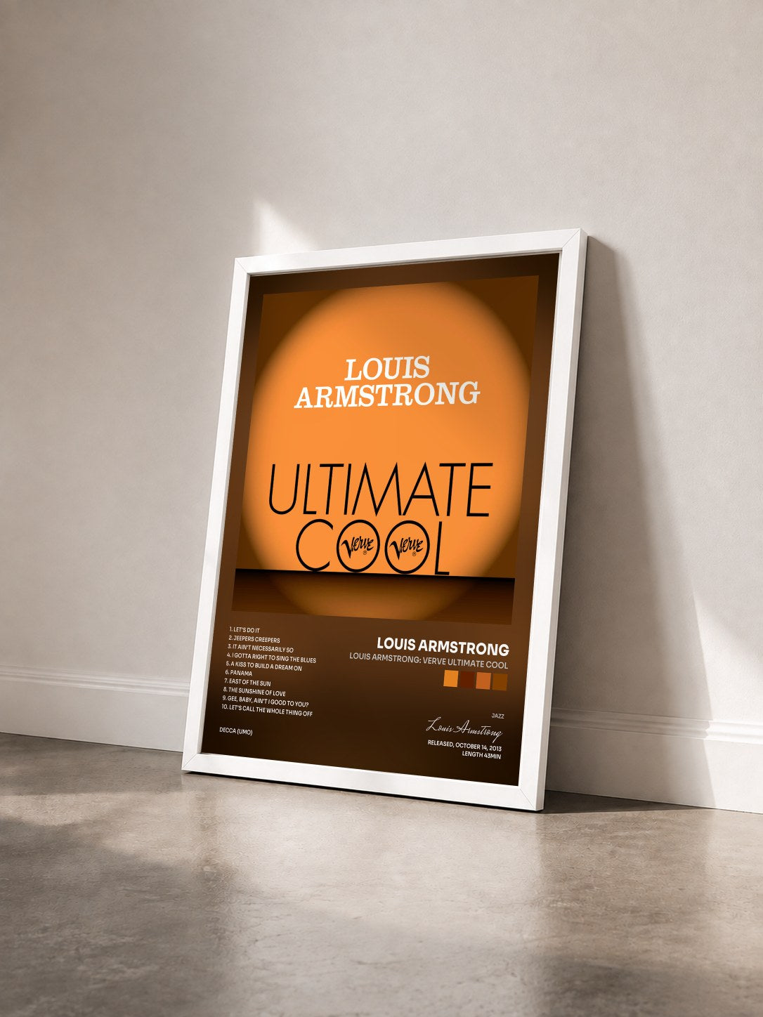 #blanc Tableau de l'album Louis Armstrong: Verve Ultimate Cool de Louis Armstrong vu de trois quarts, cadre blanc