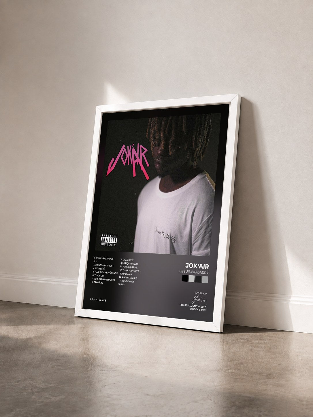 #blanc Tableau de l'album Je suis Big Daddy de Jok'air vu de trois quarts, cadre blanc