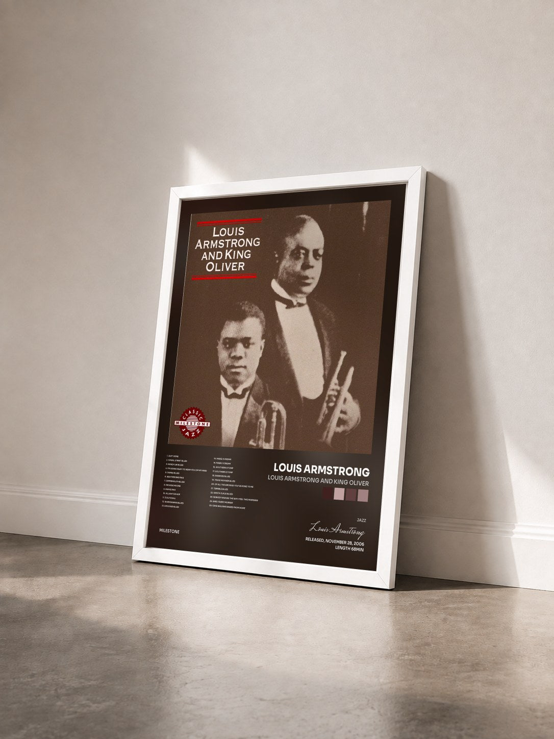#blanc Tableau de l'album Louis Armstrong And King Oliver de Louis Armstrong vu de trois quarts, cadre blanc