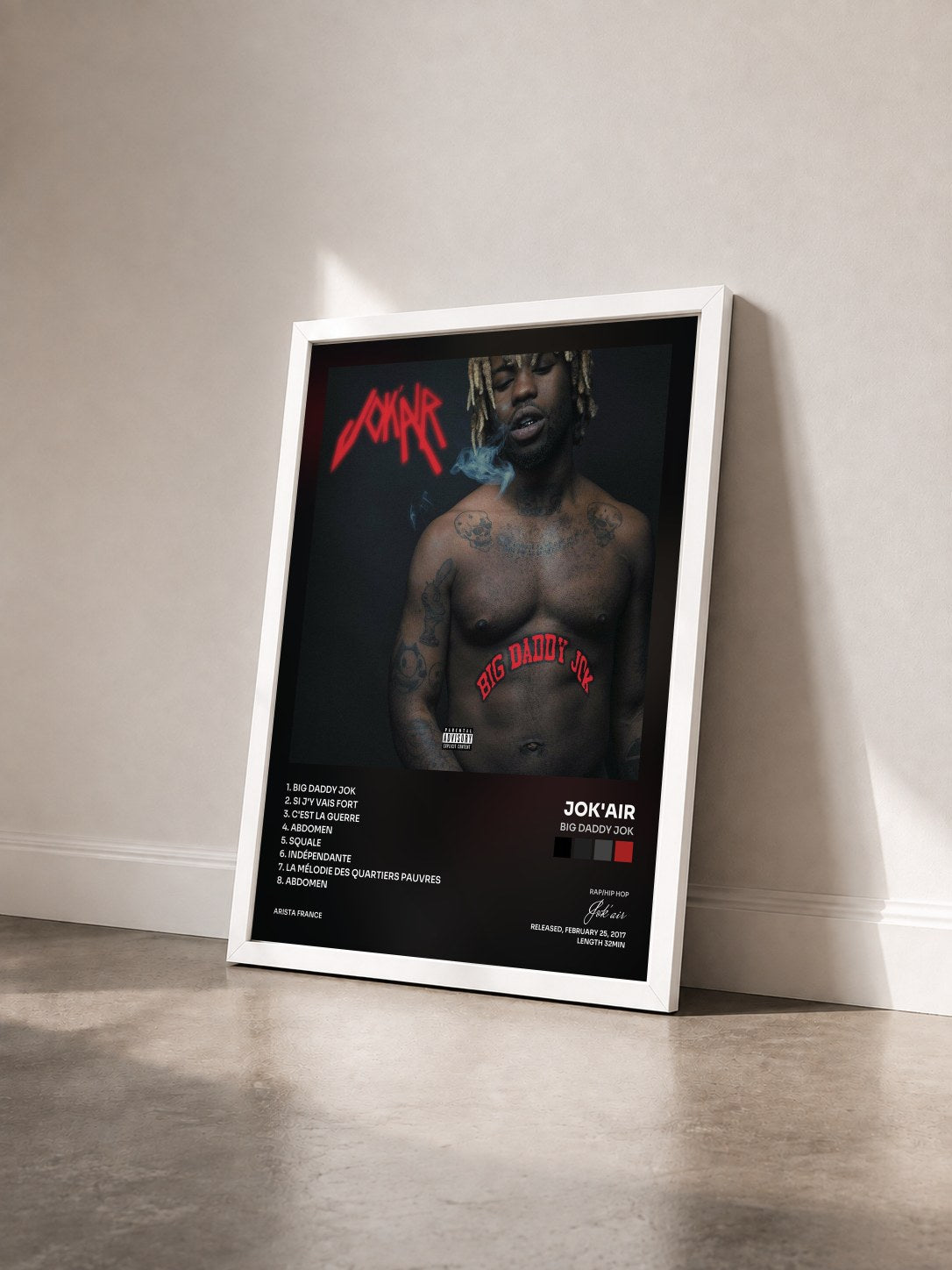 #blanc Big Daddy Jok by Jok'air as a framed art print seen at an angle, white frame