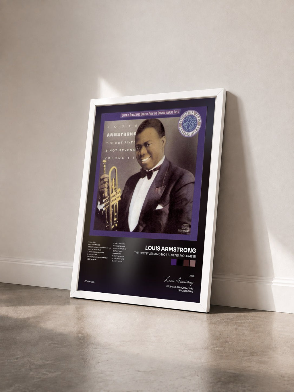 #blanc Tableau de l'album The Hot Fives And Hot Sevens, Volume Iii de Louis Armstrong vu de trois quarts, cadre blanc