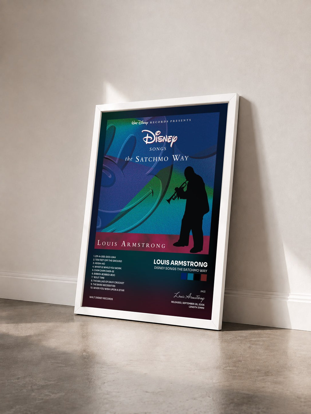 #blanc Tableau de l'album Disney Songs The Satchmo Way de Louis Armstrong vu de trois quarts, cadre blanc