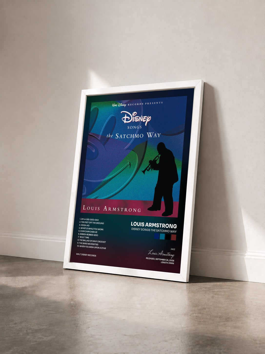 #blanc Tableau de l'album Disney Songs The Satchmo Way de Louis Armstrong vu de trois quarts, cadre blanc