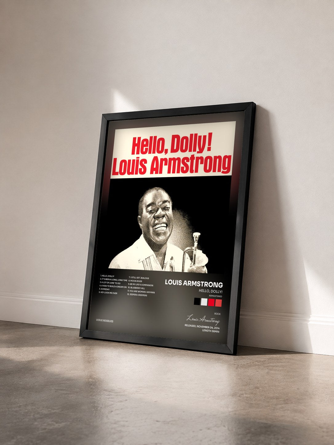 #noir Tableau de l'album Hello, Dolly! (Remastered) de Louis Armstrong vu de trois quarts, cadre noir