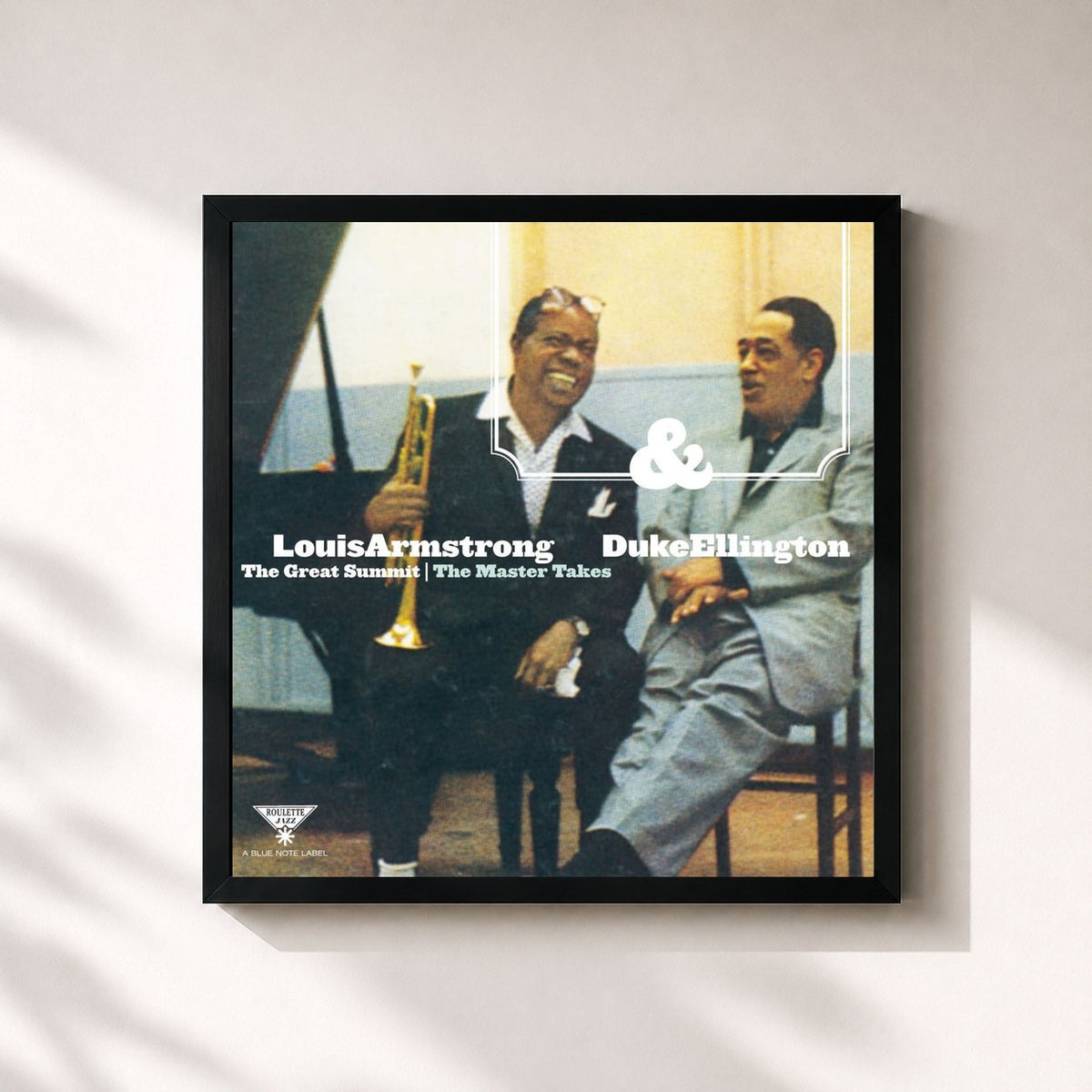 #noir Tableau carré de l'album The Great Summit - The Master Tapes de Louis Armstrong, cadre noir 32x32 cm