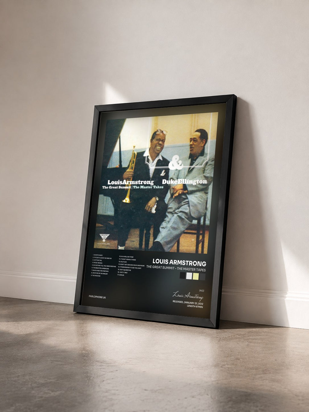 #noir Tableau de l'album The Great Summit - The Master Tapes de Louis Armstrong vu de trois quarts, cadre noir
