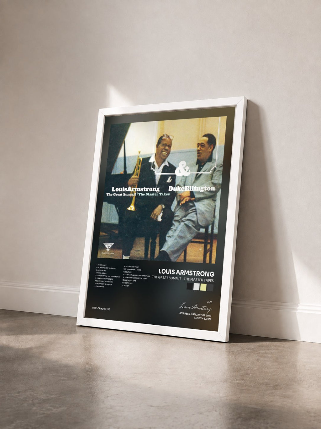 #blanc Tableau de l'album The Great Summit - The Master Tapes de Louis Armstrong vu de trois quarts, cadre blanc