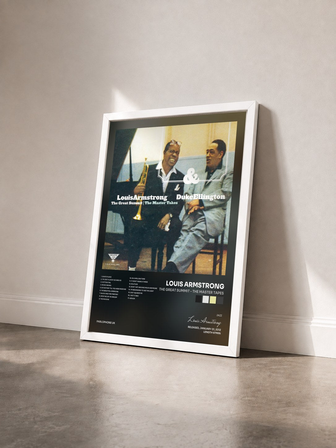 #blanc Tableau de l'album The Great Summit - The Master Tapes de Louis Armstrong vu de trois quarts, cadre blanc