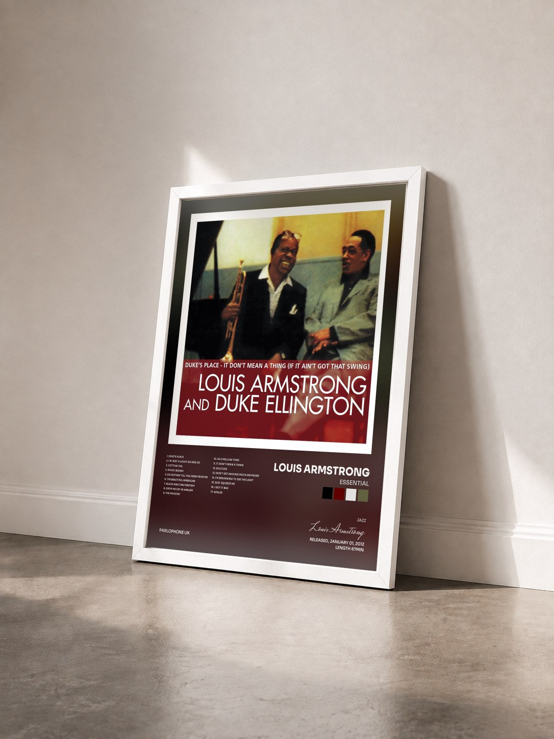 #blanc Tableau de l'album Essential de Louis Armstrong vu de trois quarts, cadre blanc