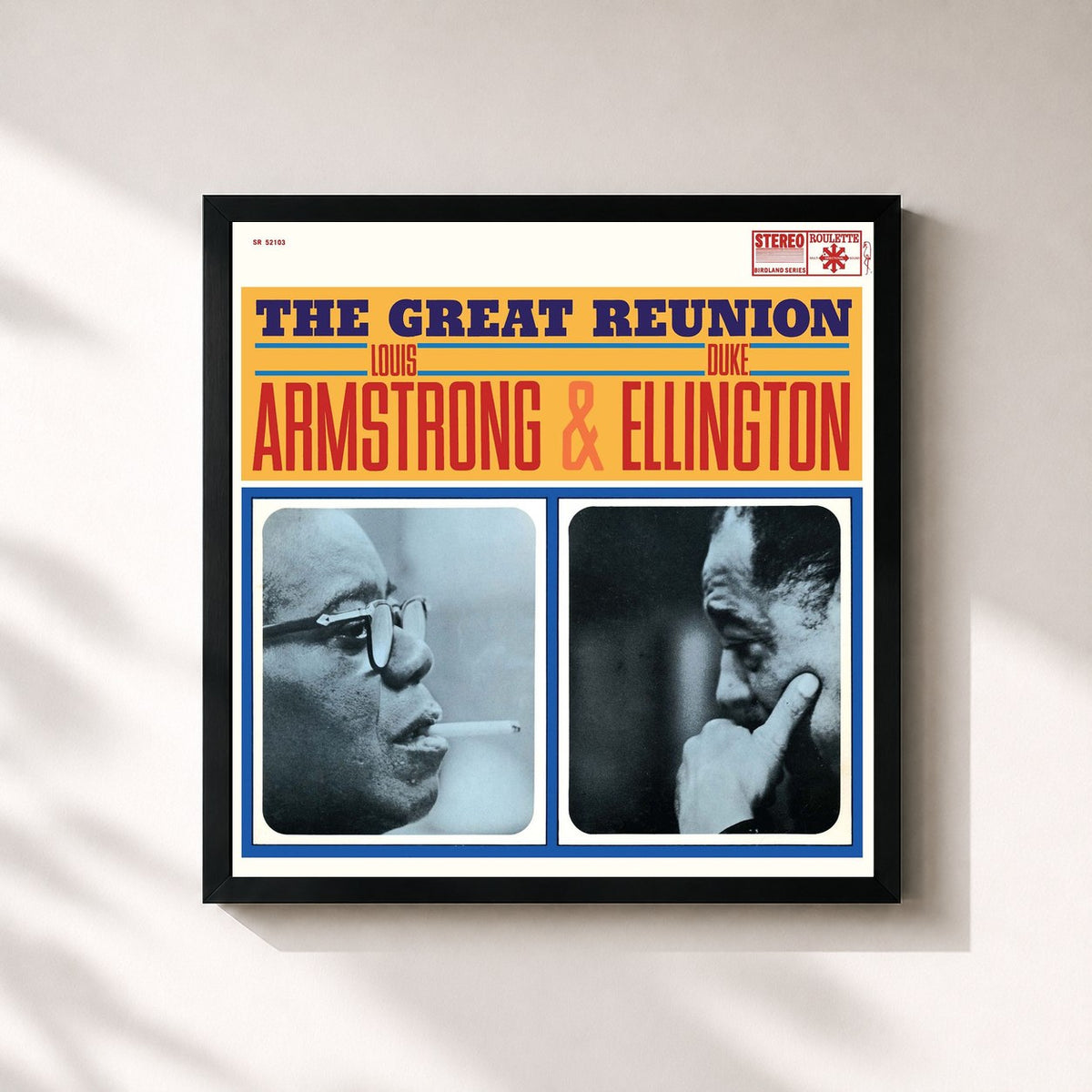 #noir Tableau carré de l'album The Great Reunion de Louis Armstrong, cadre noir 32x32 cm