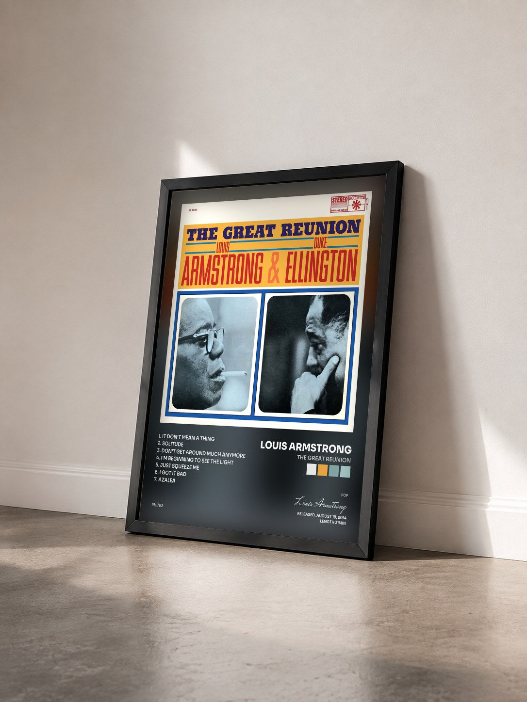 #noir Tableau de l'album The Great Reunion de Louis Armstrong vu de trois quarts, cadre noir