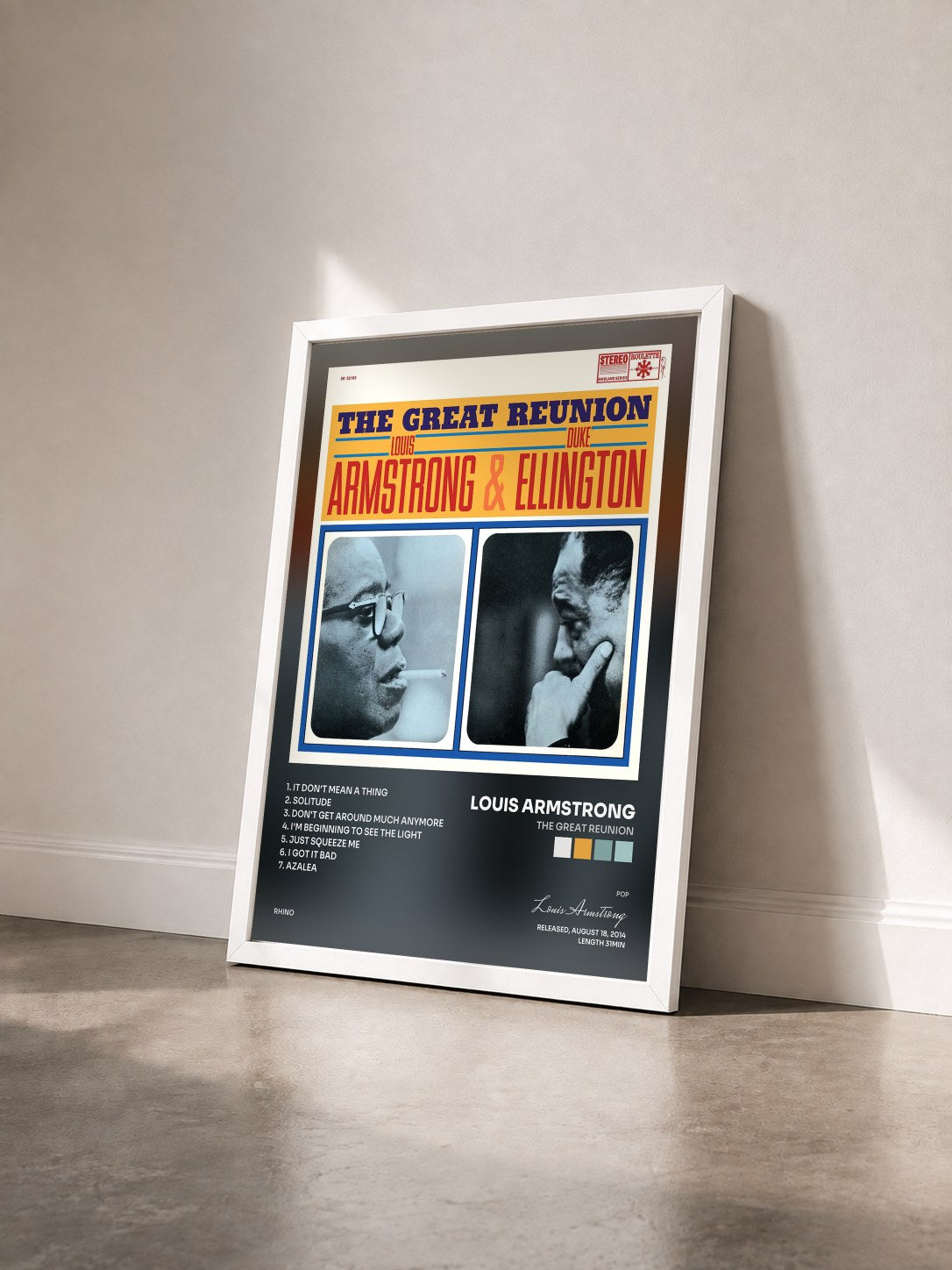 #blanc Tableau de l'album The Great Reunion de Louis Armstrong vu de trois quarts, cadre blanc