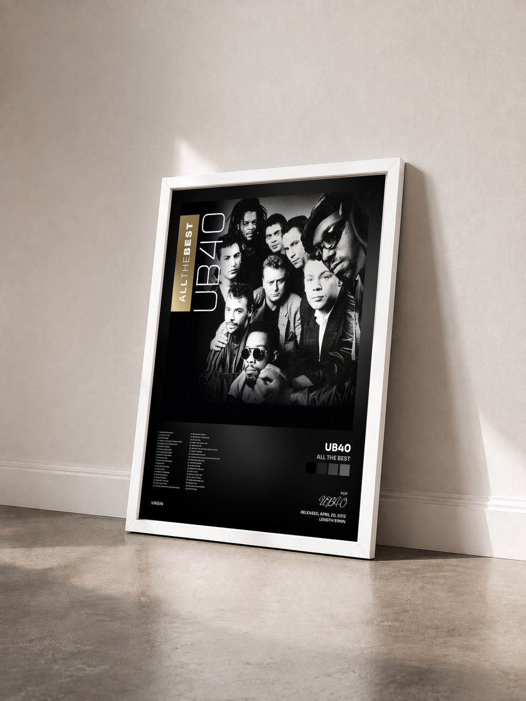 #blanc Tableau de l'album All The Best de UB40 vu de trois quarts, cadre blanc