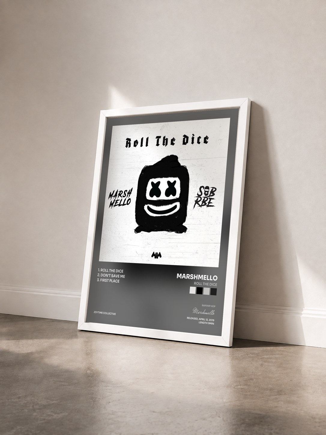 #blanc Tableau de l'album Roll The Dice de Marshmello vu de trois quarts, cadre blanc
