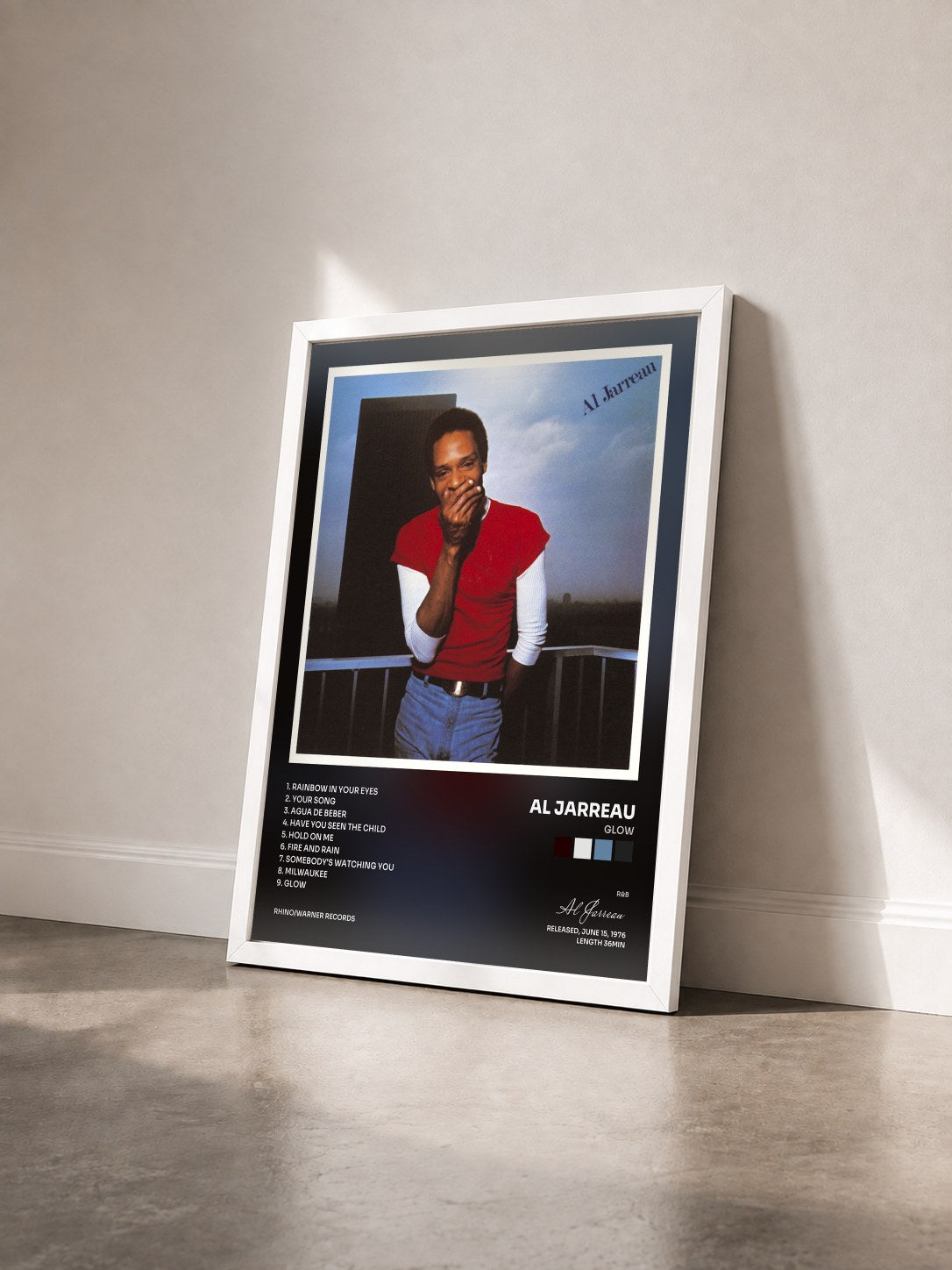#blanc Tableau de l'album Glow de Al Jarreau vu de trois quarts, cadre blanc