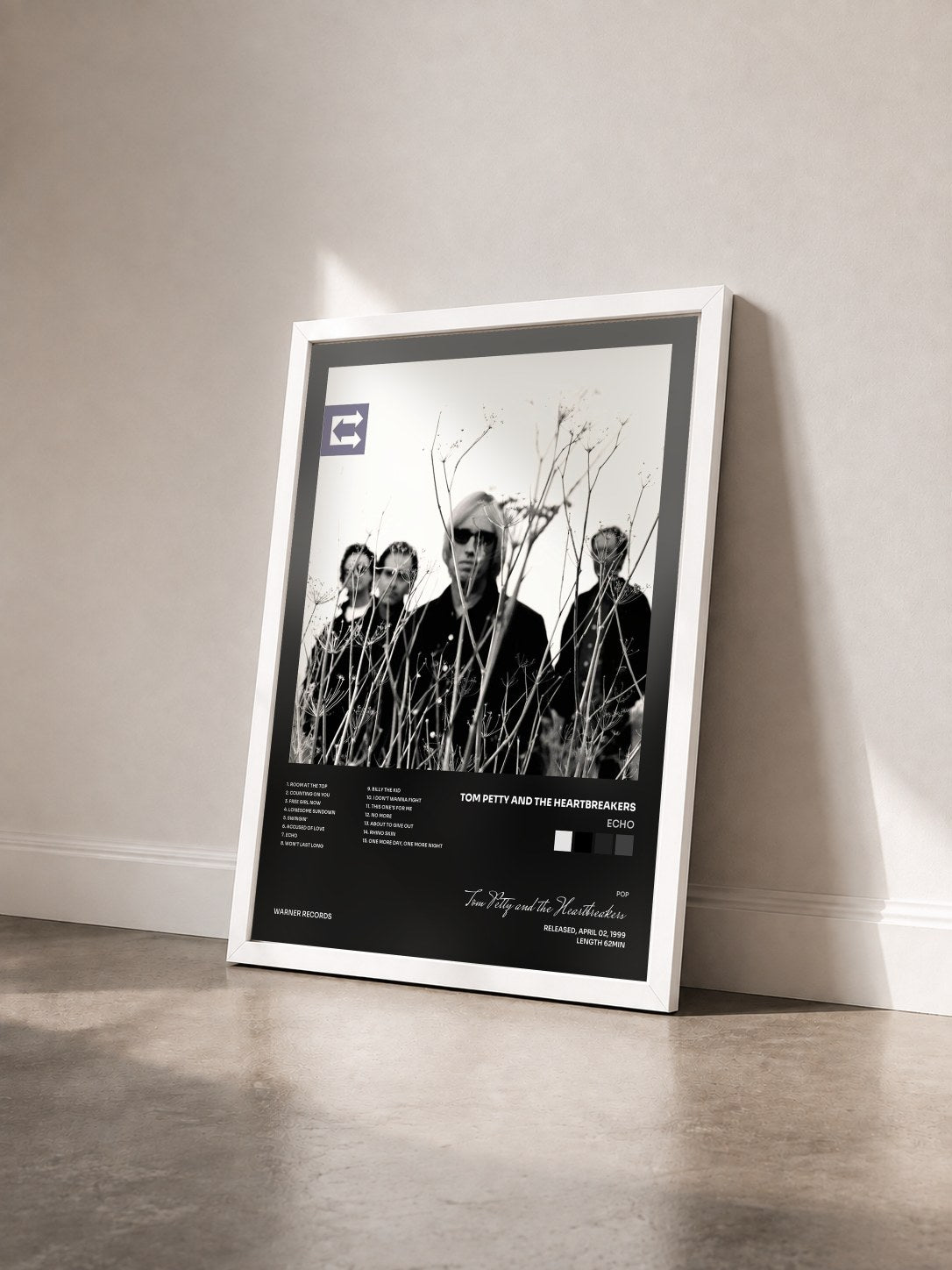 #blanc Tableau de l'album Echo de Tom Petty and the Heartbreakers vu de trois quarts, cadre blanc