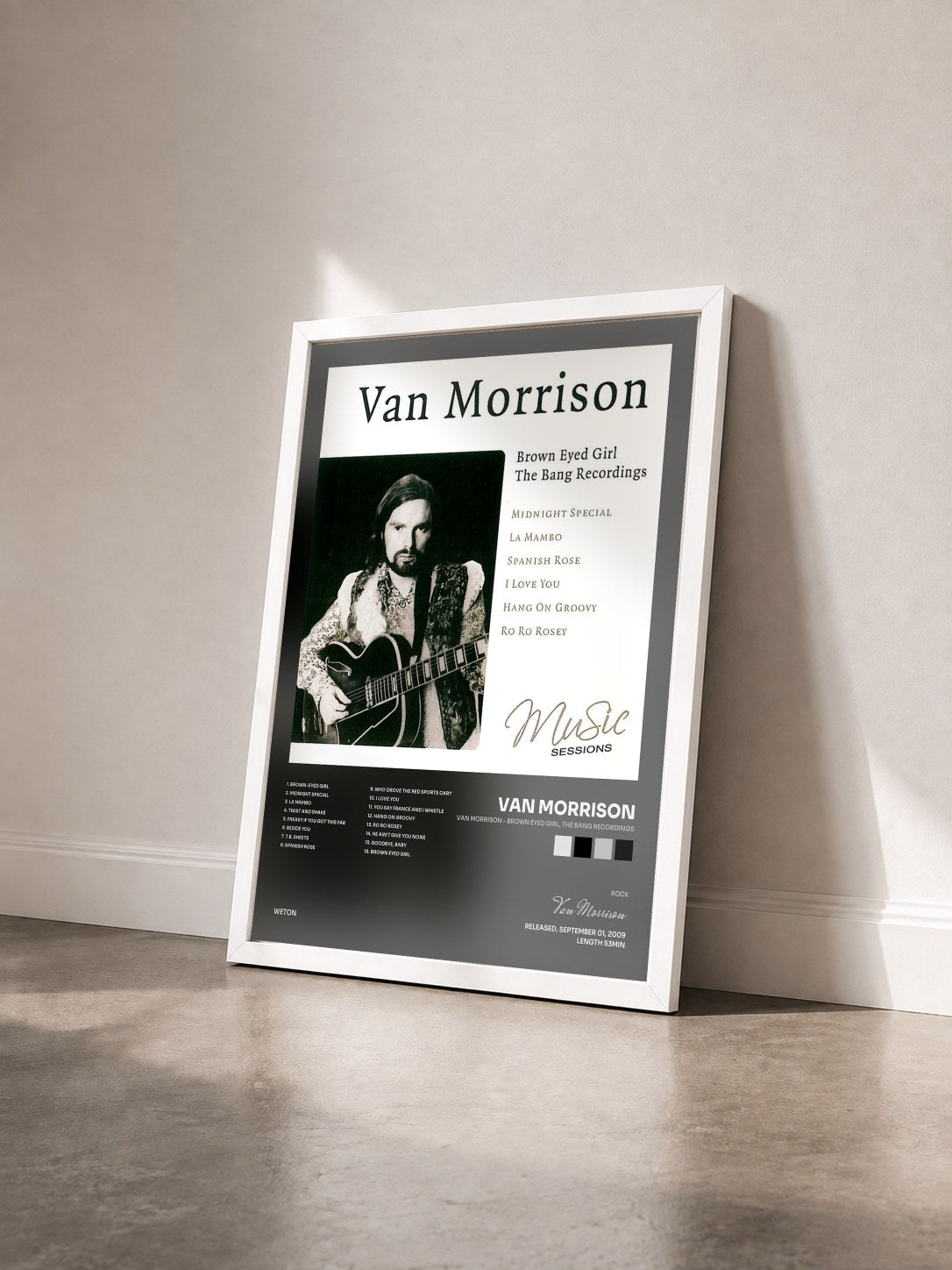 #blanc Tableau de l'album Van Morrison - Brown Eyed Girl, The Bang Recordings de Van Morrison vu de trois quarts, cadre blanc