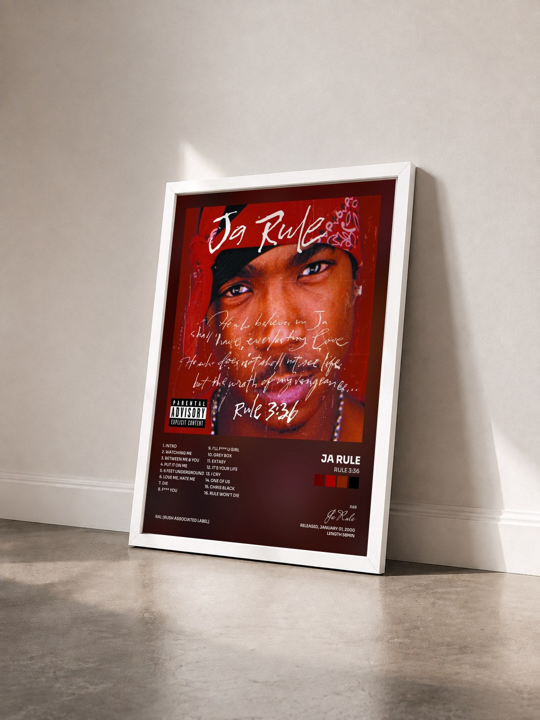 #blanc Tableau de l'album Rule 3:36 de Ja Rule vu de trois quarts, cadre blanc