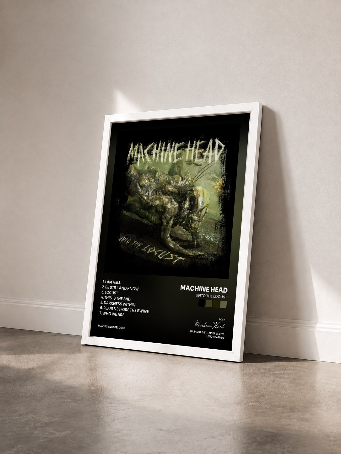 #blanc Tableau de l'album Unto the Locust de Machine Head vu de trois quarts, cadre blanc