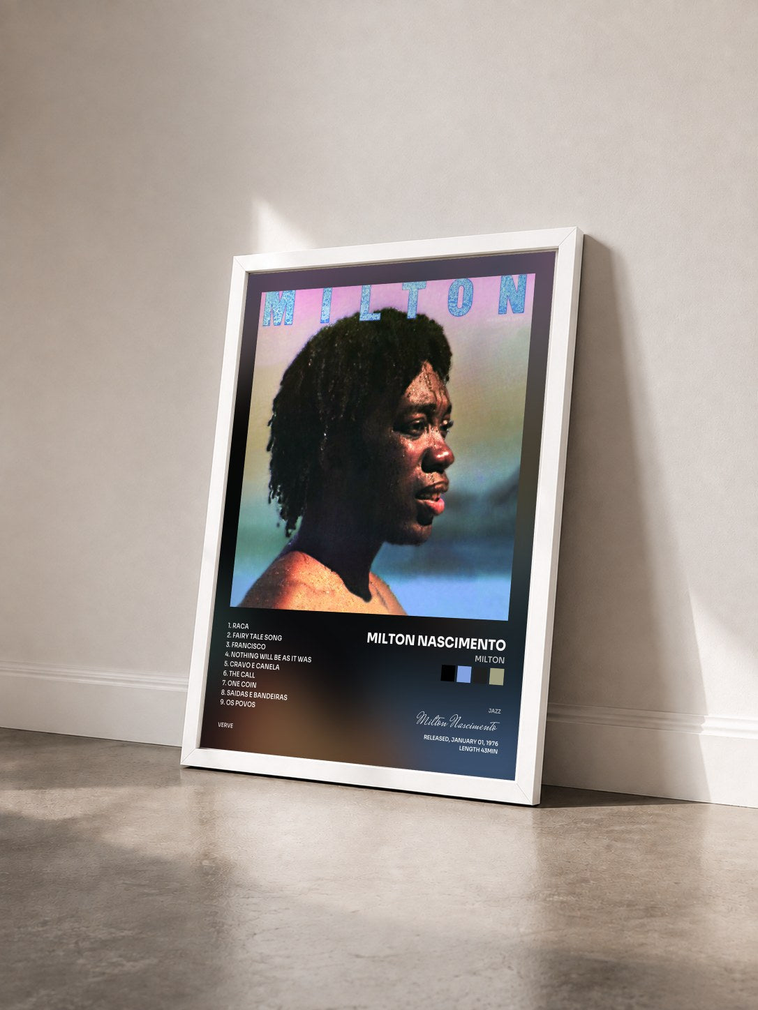 #blanc Tableau de l'album Milton de Milton Nascimento vu de trois quarts, cadre blanc