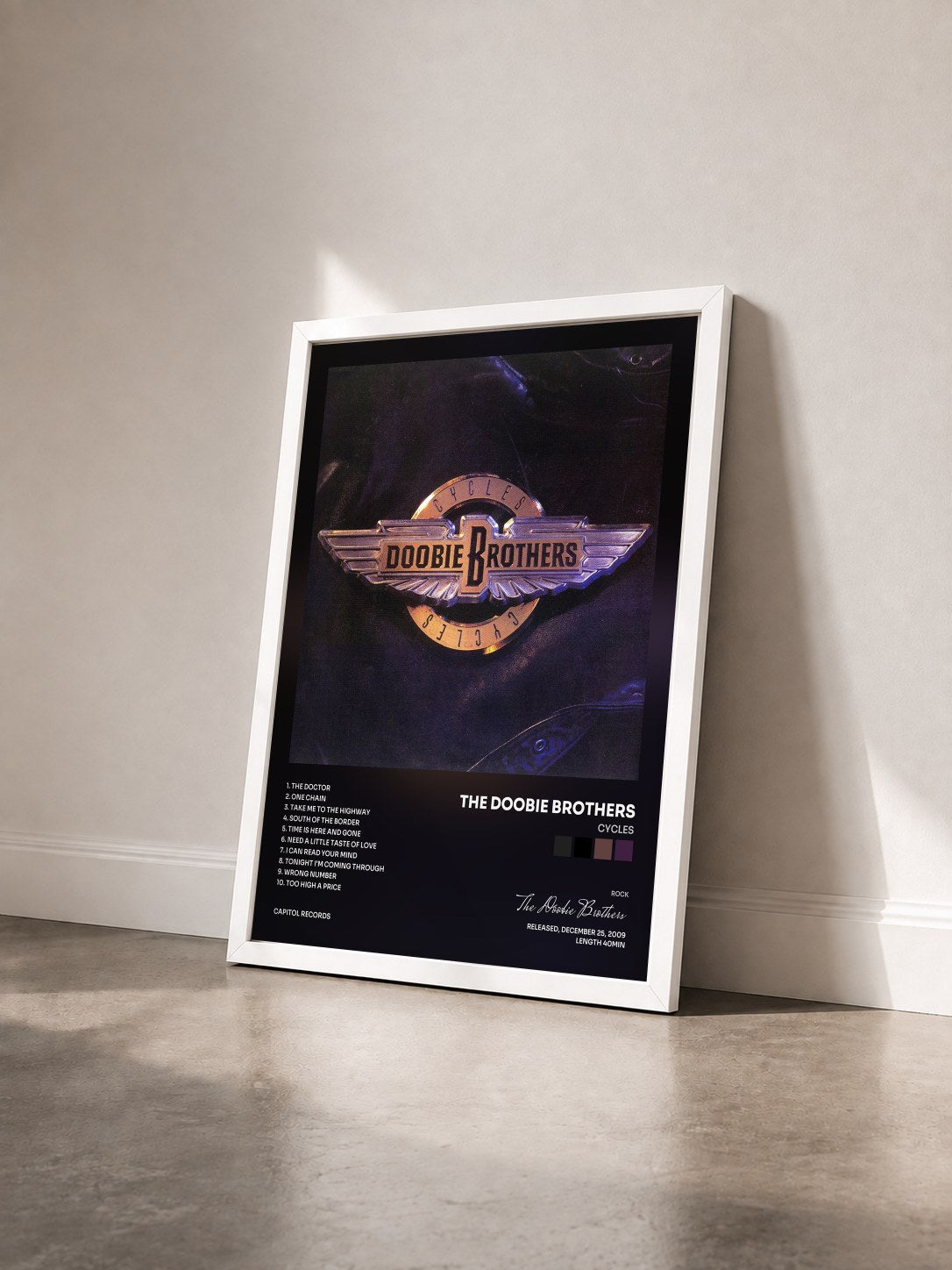 #blanc Tableau de l'album Cycles de The Doobie Brothers vu de trois quarts, cadre blanc