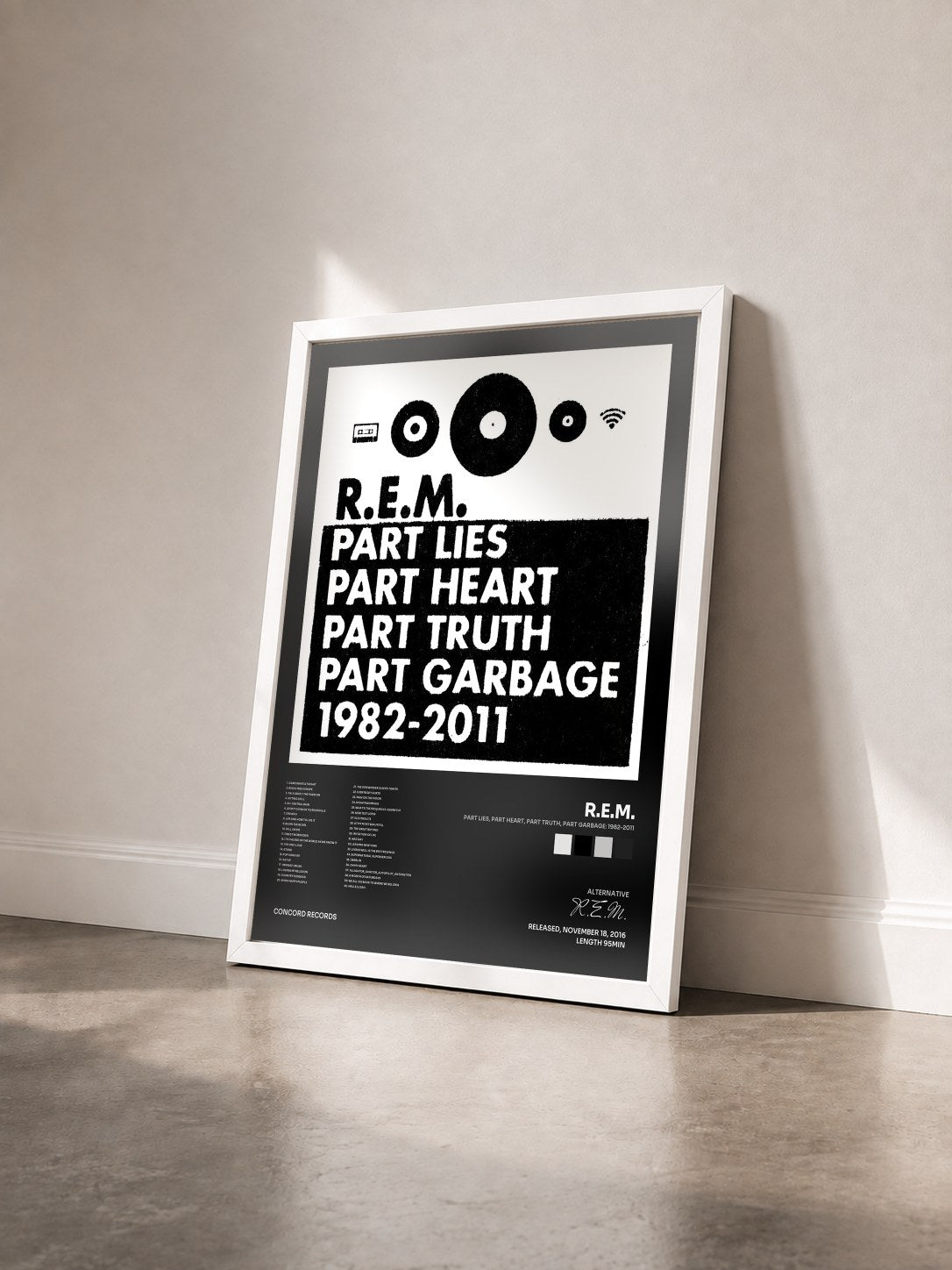 #blanc Tableau de l'album Part Lies, Part Heart, Part Truth, Part Garbage: 1982-2011 de R.E.M. vu de trois quarts, cadre blanc